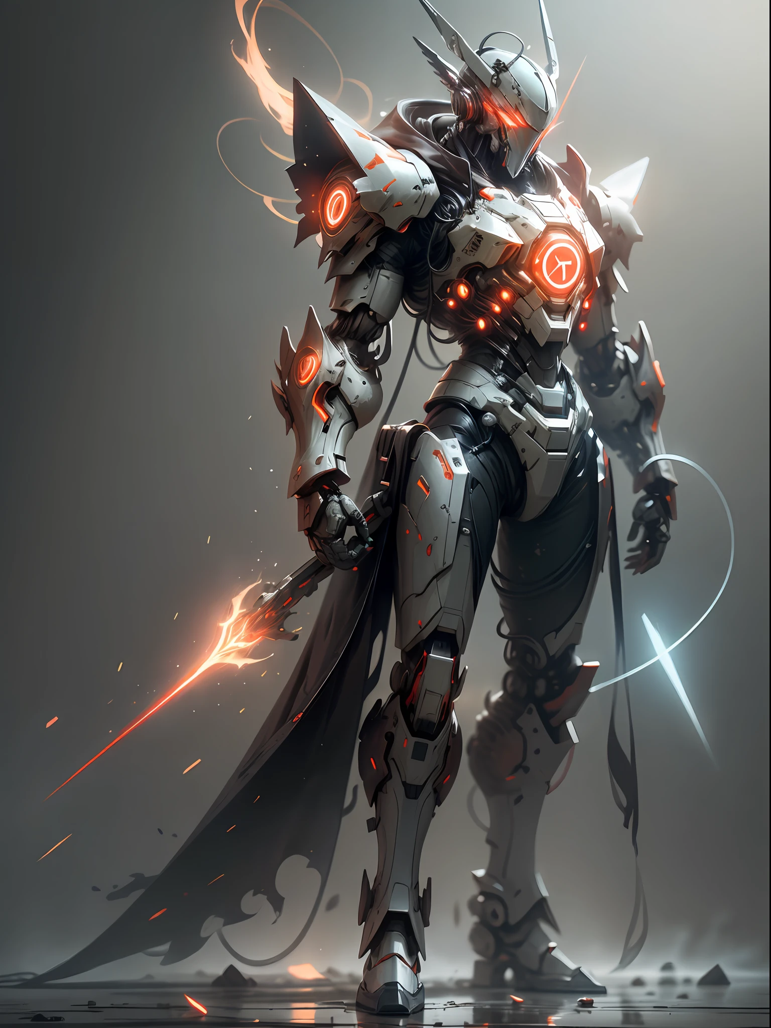 Red Ghost Hunter, Super Cool Ghost Killer, Wearing Red Mechanical Armor, Red Claws, Lightning, Red Mech, Perfect Body Proportions, Super Detail, Realistic, Shiny, Reflective, Bioluminescent, Galactic Cybernetic Mask, Mecha, (Executioner: 1.2), Cloak, SH4G0D, GlowingRunes_red, Full Body, Movie, Dark Background, Backlight, High Contrast,