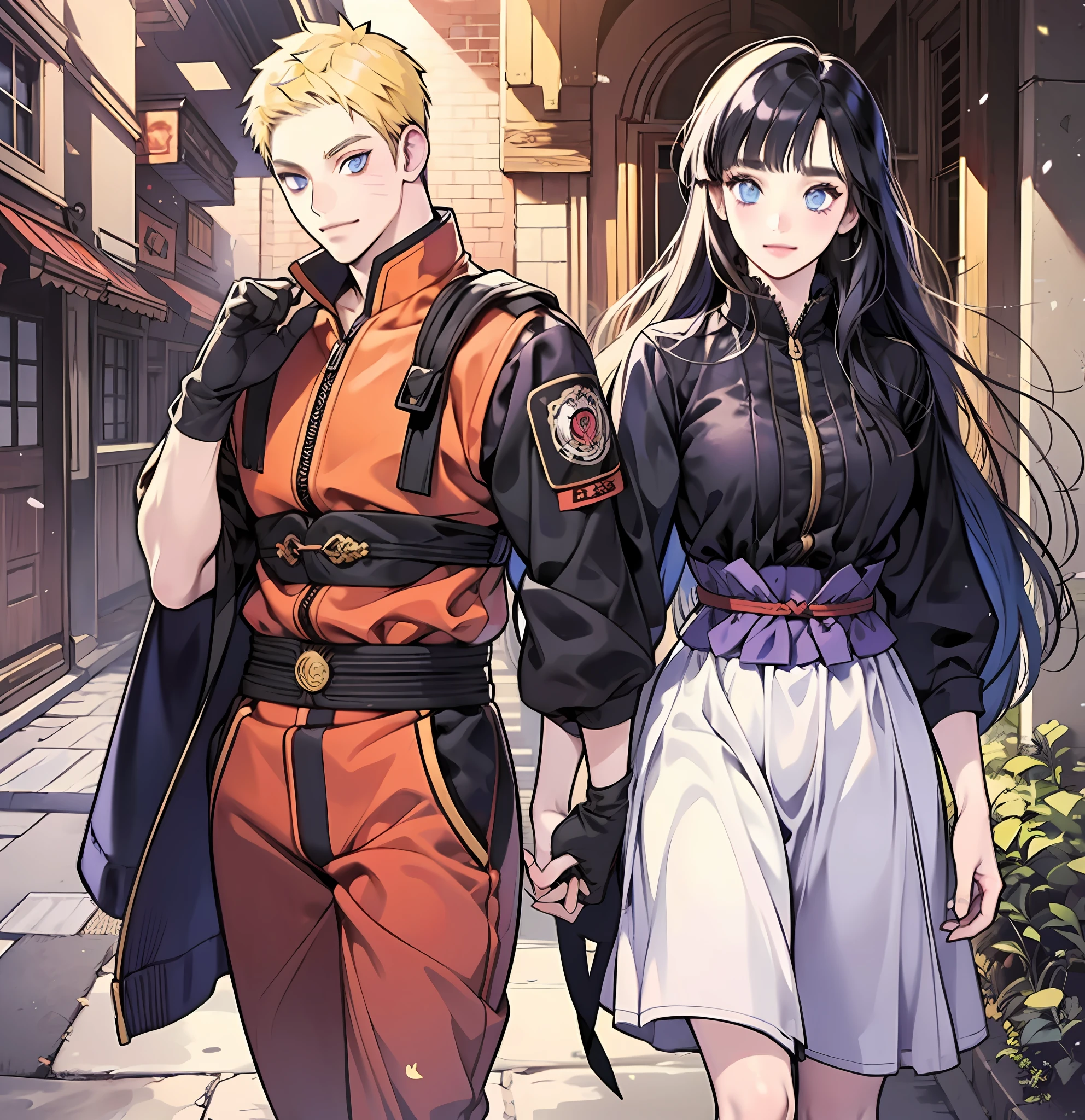 1 girl, 1 boy, hetero, blonde man, dark blue hair girl, naruhina, hug, masterpiece, couple, standing, royalti, nobility, naruto and hinata, purple eyes girl, blue eyes boy