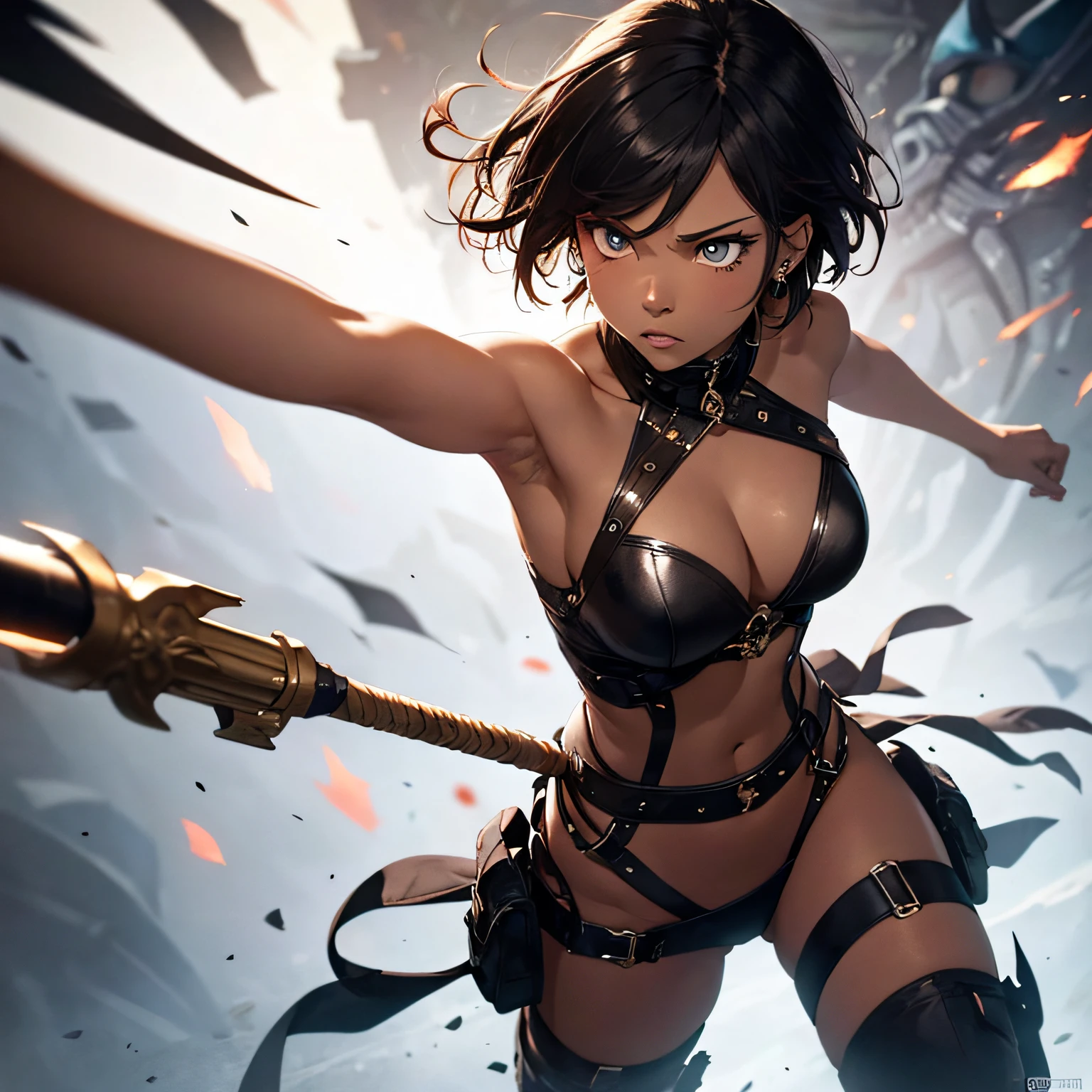 Masterpiece,Highly Detailed,1girl,dark skin,hair partially shaved,movement,in-battle,battle ready,piercing,fierce looking,staring determined,beautiful face,beautiful short hair,sexy outfit,amber eyes,hard --auto
