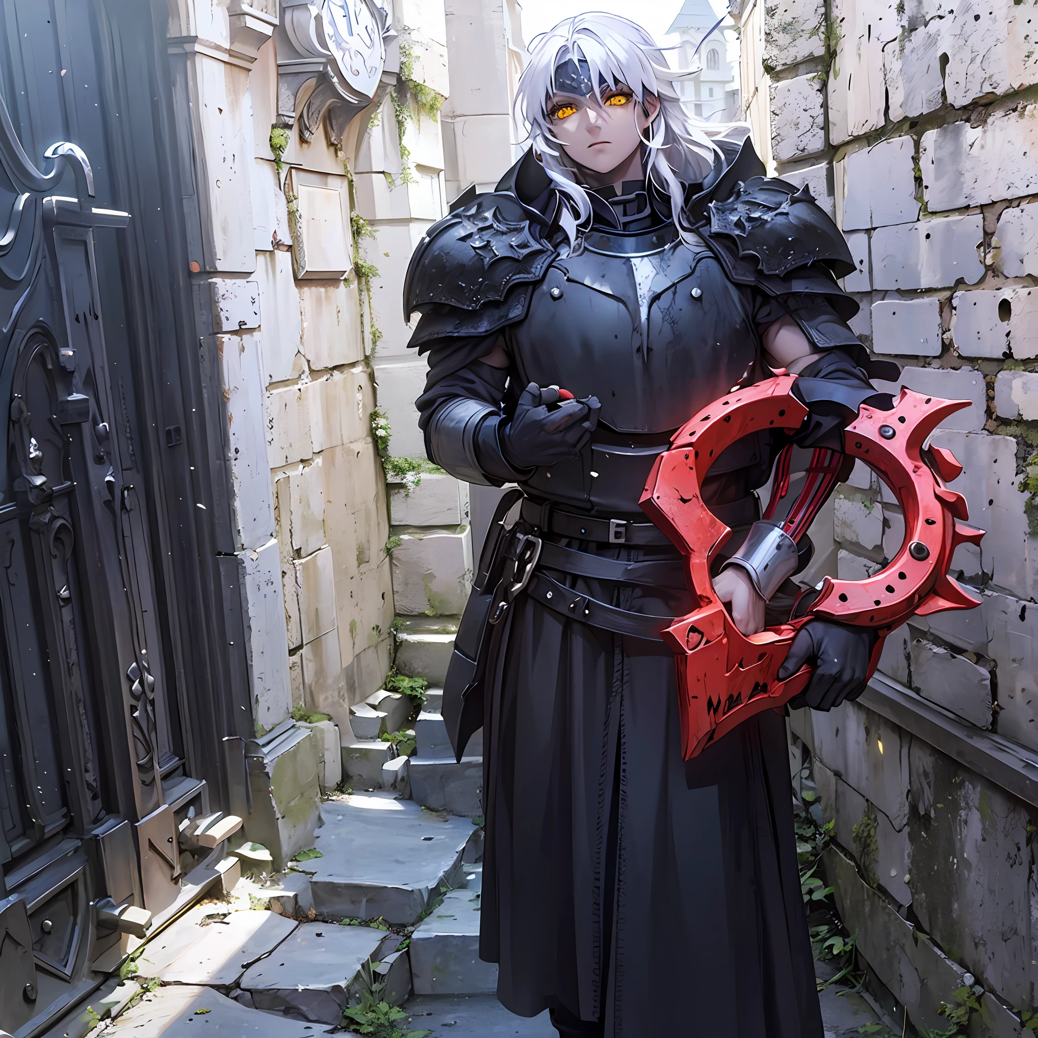 Black knight, castle at night, Gothic Realistic, 4k, brown skin, straight white hair, yellow eyes, holding a demon helmet
