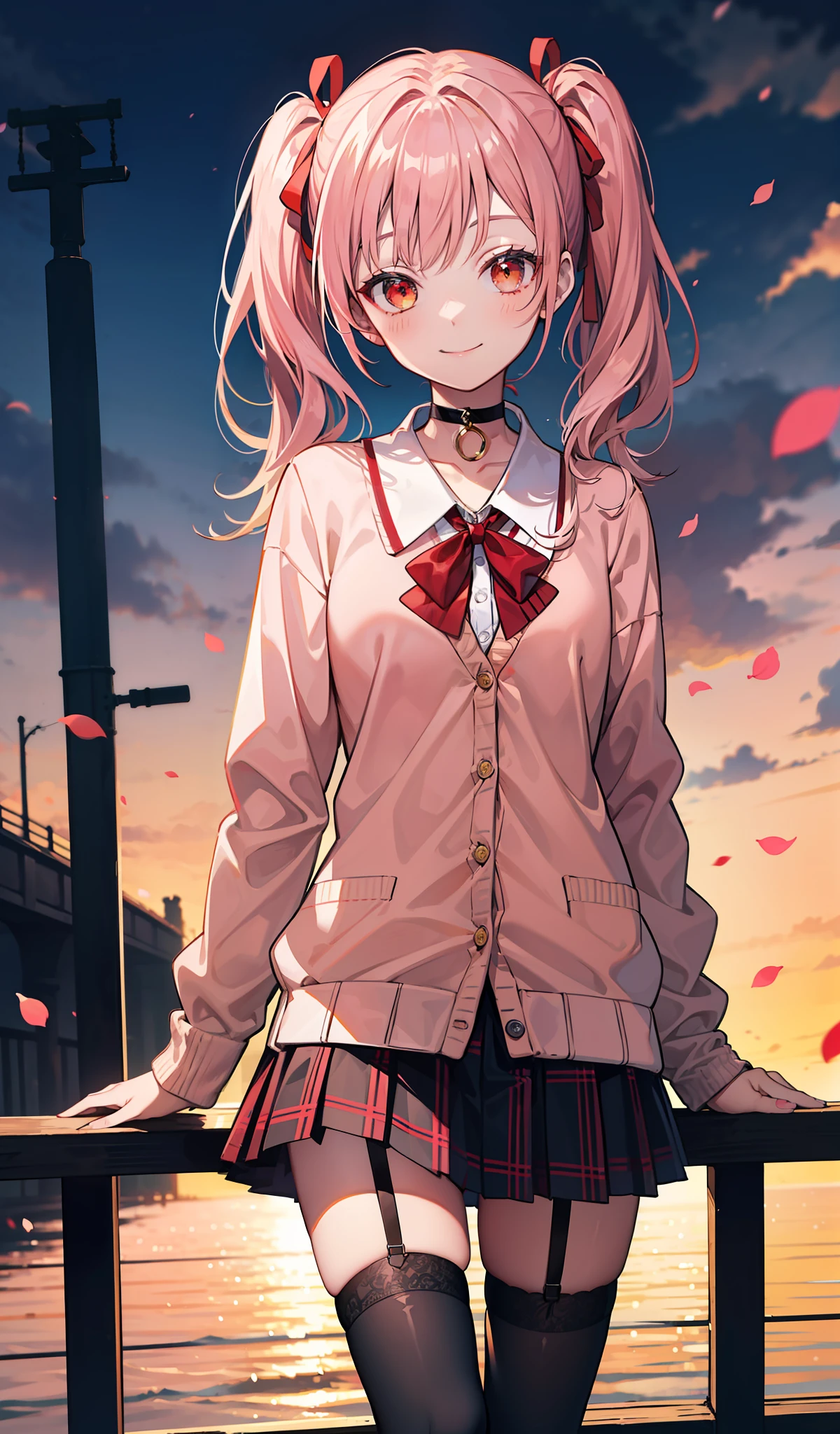 masterpiece, best quality, highres, hs1, red eyes, yellow eyes, twintails, hair ribbon, long sleeves, red bow, pink cardigan, black thighhighs, plaid skirt, red ribbon, black choker, garter straps, school uniform, outdoors, cowboy shot, standing, smile