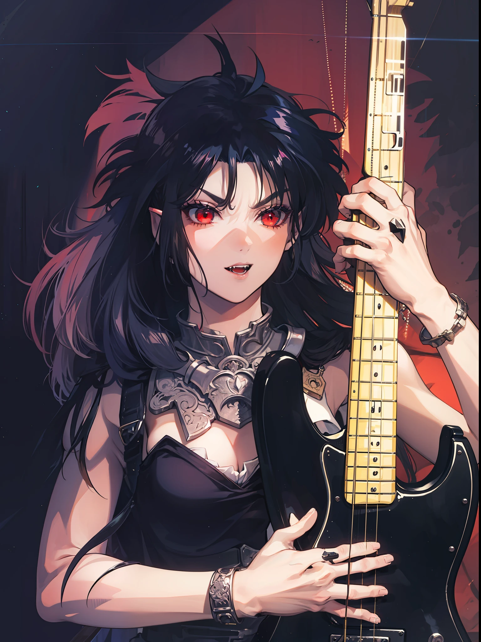 Girl,pointy ears,red eyes,dressed in armor,vampire,4k, holding a guitar