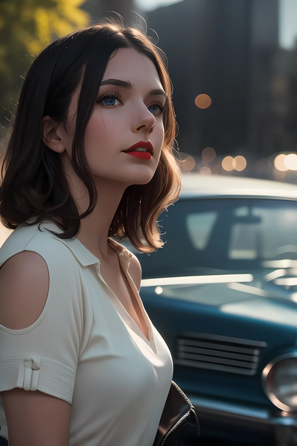 otography, of a girl,20 years, black hair, straight up to the shoulder, blue eyes hyper detailed, natural skin texture, sharp eyes, red lips ,exposed shoulders, full body photo, mine white skirt with black polka dots style 60s , black blouse with exposed neckline , in the background cars style 60s ,photography should be intrinsically maximalist-detailed, vibrant,  epic, smooth, cinematic, 4K, backlit and have a shallow depth of field.,60's cars in the background