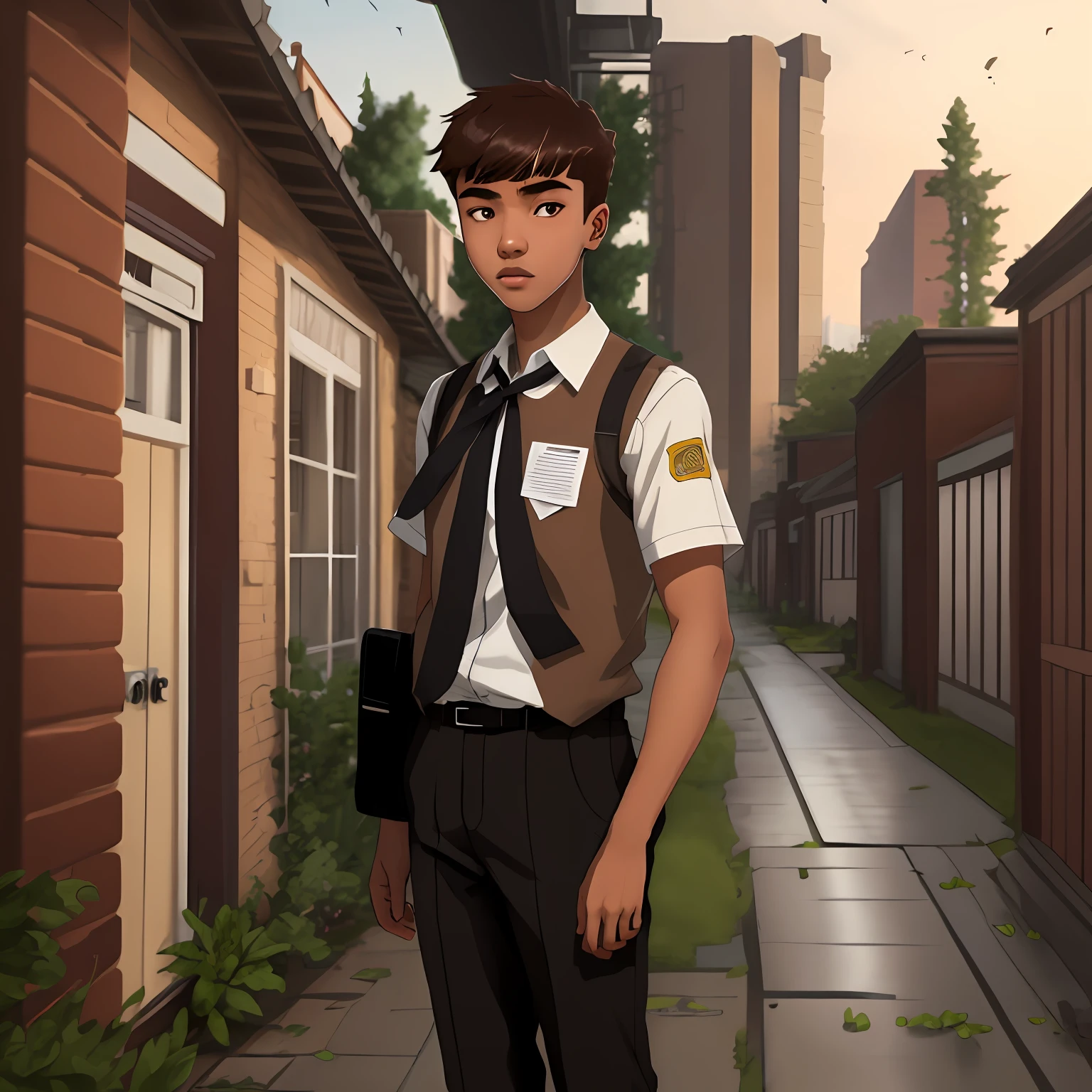 Young high school boy, brown skin, brown hair with bangs