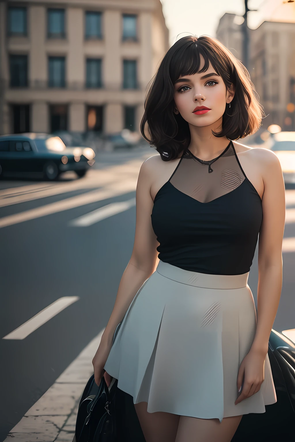 otography, of a girl,20 years, black hair, straight up to the shoulder, blue eyes hyper detailed, natural skin texture, sharp eyes, red lips ,exposed shoulders, full body photo, mine white skirt with black polka dots style 60s , black blouse with exposed neckline , in the background cars style 60s ,photography should be intrinsically maximalist-detailed, vibrant,  epic, smooth, cinematic, 4K, backlit and have a shallow depth of field.,60's cars in the background