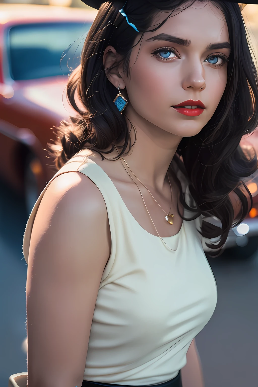 otography, of a girl,20 years, black hair, straight up to the shoulder, blue eyes hyper detailed, natural skin texture, sharp eyes, red lips ,exposed shoulders, full body photo, mine white skirt with black polka dots style 60s , black blouse with exposed neckline , in the background cars style 60s ,photography should be intrinsically maximalist-detailed, vibrant,  epic, smooth, cinematic, 4K, backlit and have a shallow depth of field.,60's cars in the background