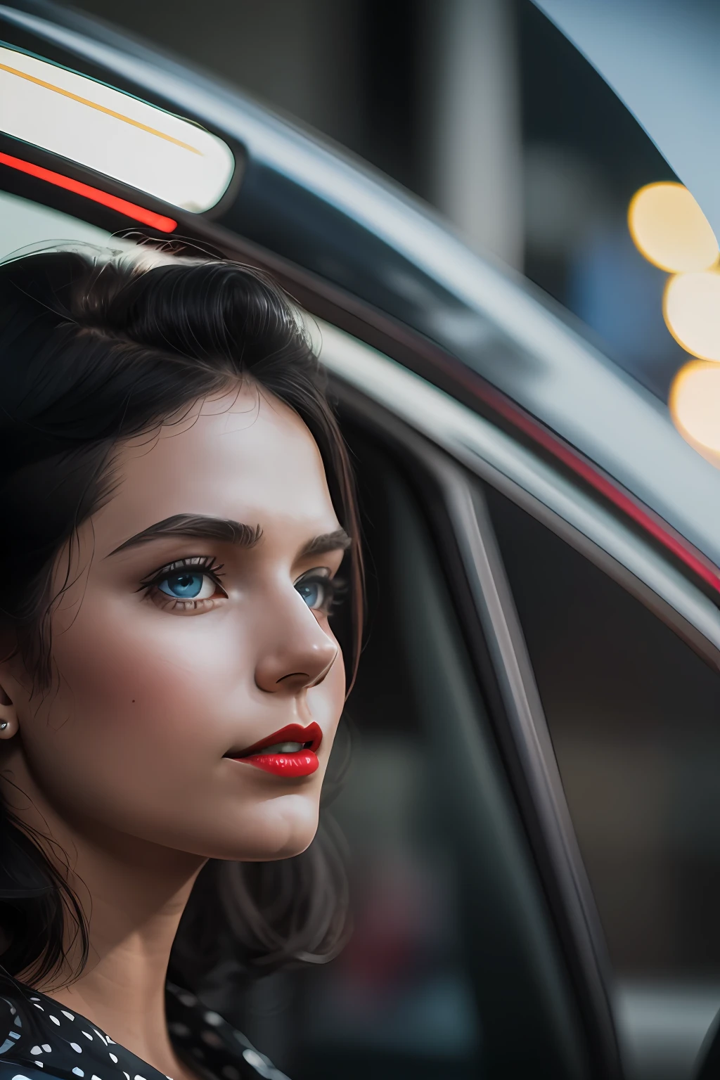 otography, of a girl,20 years, black hair, straight up to the shoulder, blue eyes hyper detailed, natural skin texture, sharp eyes, red lips ,exposed shoulders, full body photo, mine white skirt with black polka dots style 60s , black blouse with exposed neckline , in the background cars style 60s ,photography should be intrinsically maximalist-detailed, vibrant, epic, smooth, cinematic, 4K, backlit and have a shallow depth of field.,60's cars in the background