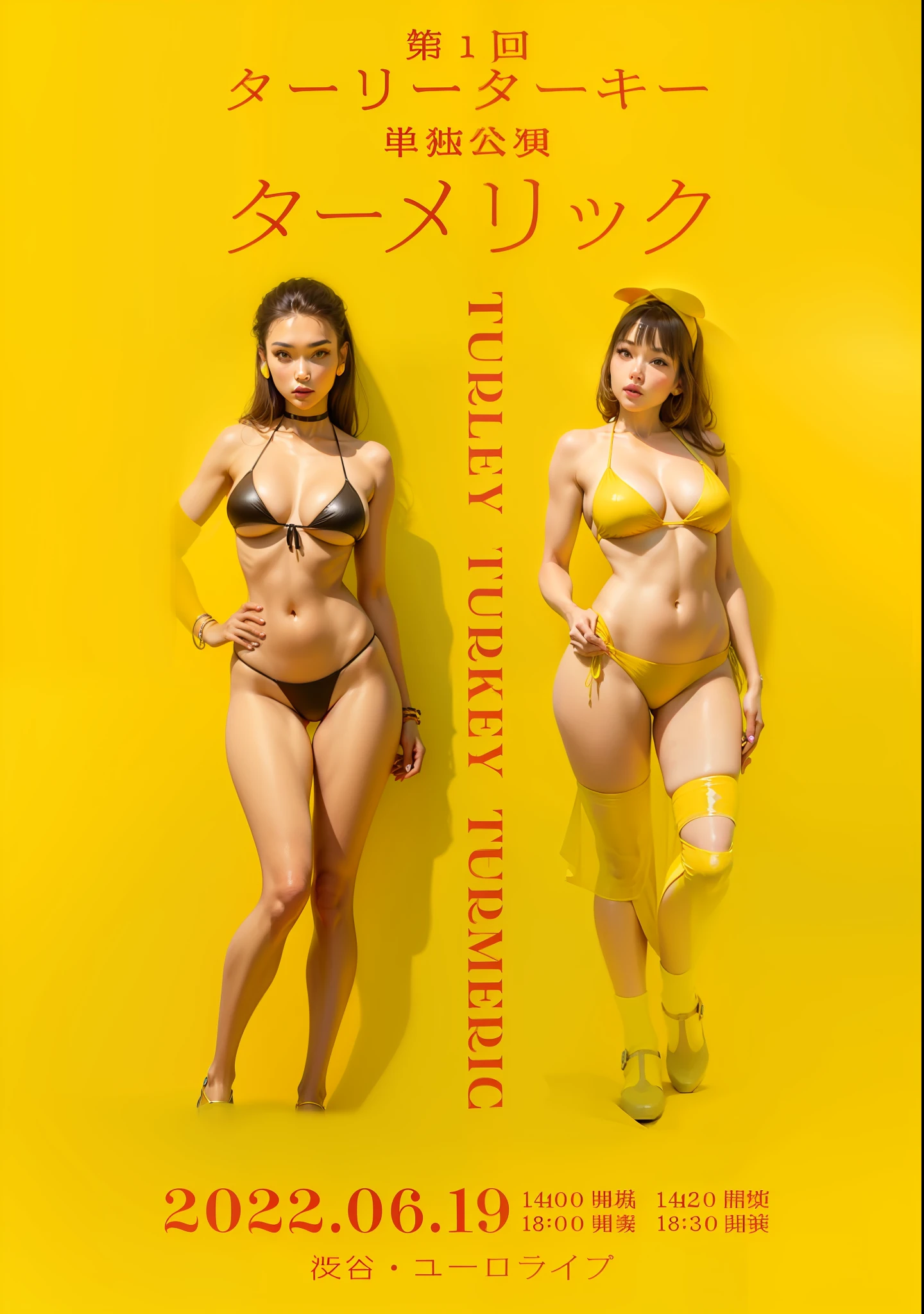 Bikini, 2 women standing, cleavage,