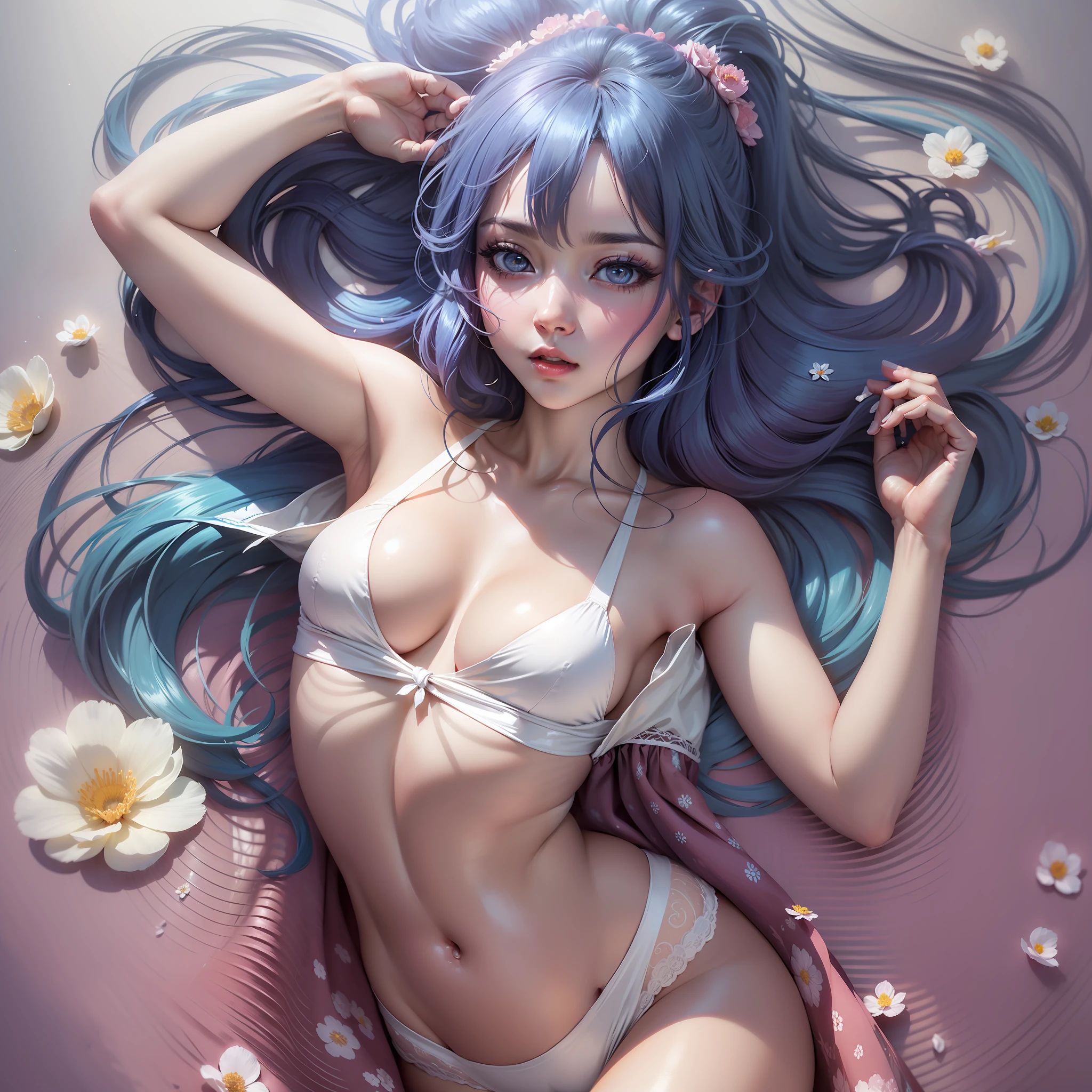 (masterpiece), (best quality), (ultra detailed),(disheed hair),(illustration), (1girl), (Fashionable clothing), standing, Fashion model, looking at viewer, (interview), (simple background), beautiful and delicate eyes, delicate beauty, floating, (high saturation), (colorful splash), colorful bubbles, (shine), focus on face, ponytail, Ayaka Kamisato, light blue hair, bangs, hair circle, floating flowers, flowing hair, (shiny), best lighting, best shadow, full and natural breasts, lying on bed in a white bikini swimsuit, delicate eyes, double eyelids, slender eyelashes, slender thighs