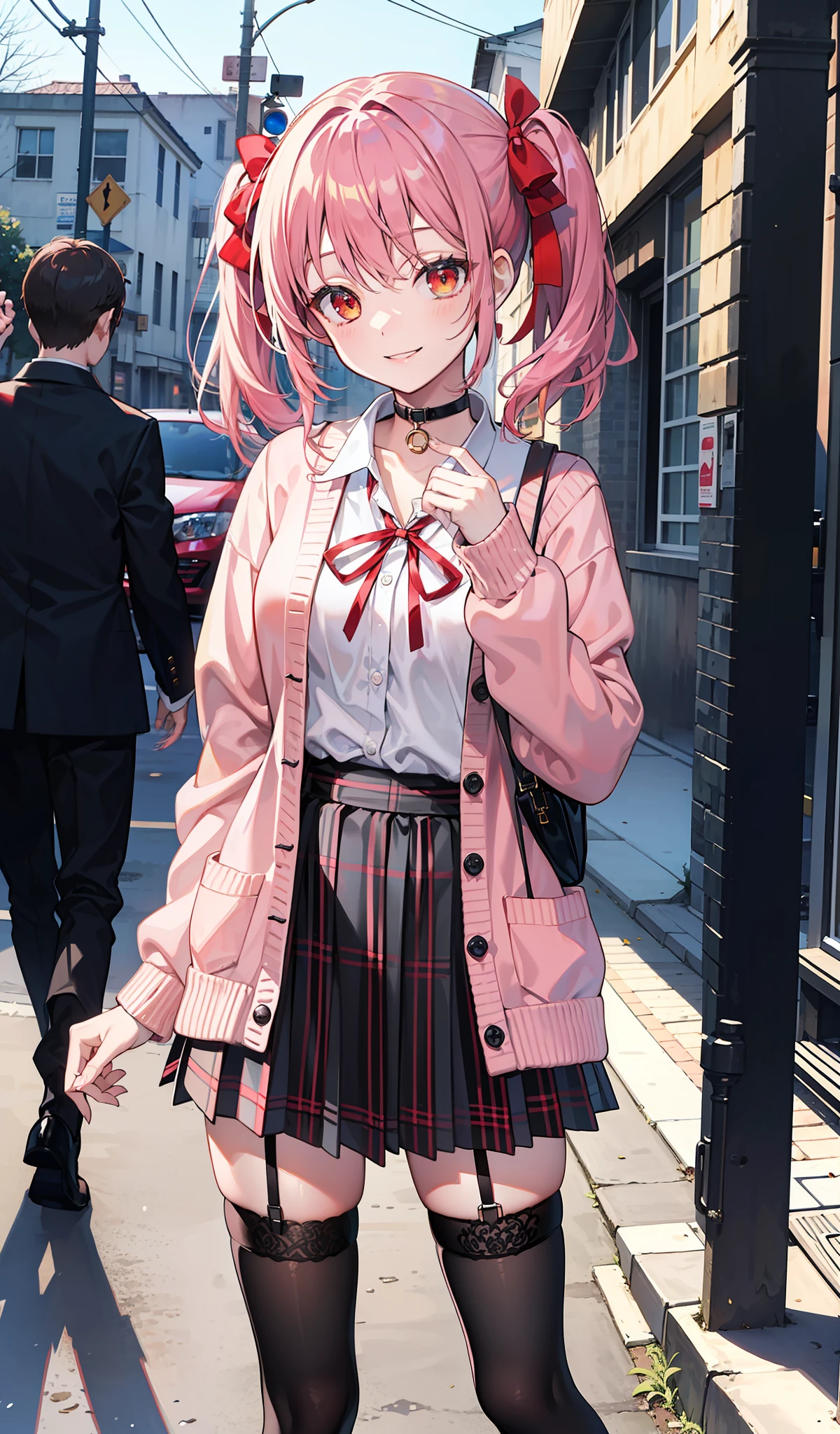 masterpiece, best quality, highres, hs1, red eyes, yellow eyes, twintails, hair ribbon, long sleeves, red bow, pink cardigan, black thighhighs, plaid skirt, red ribbon, black choker, garter straps, school uniform, outdoors, cowboy shot, standing, smile