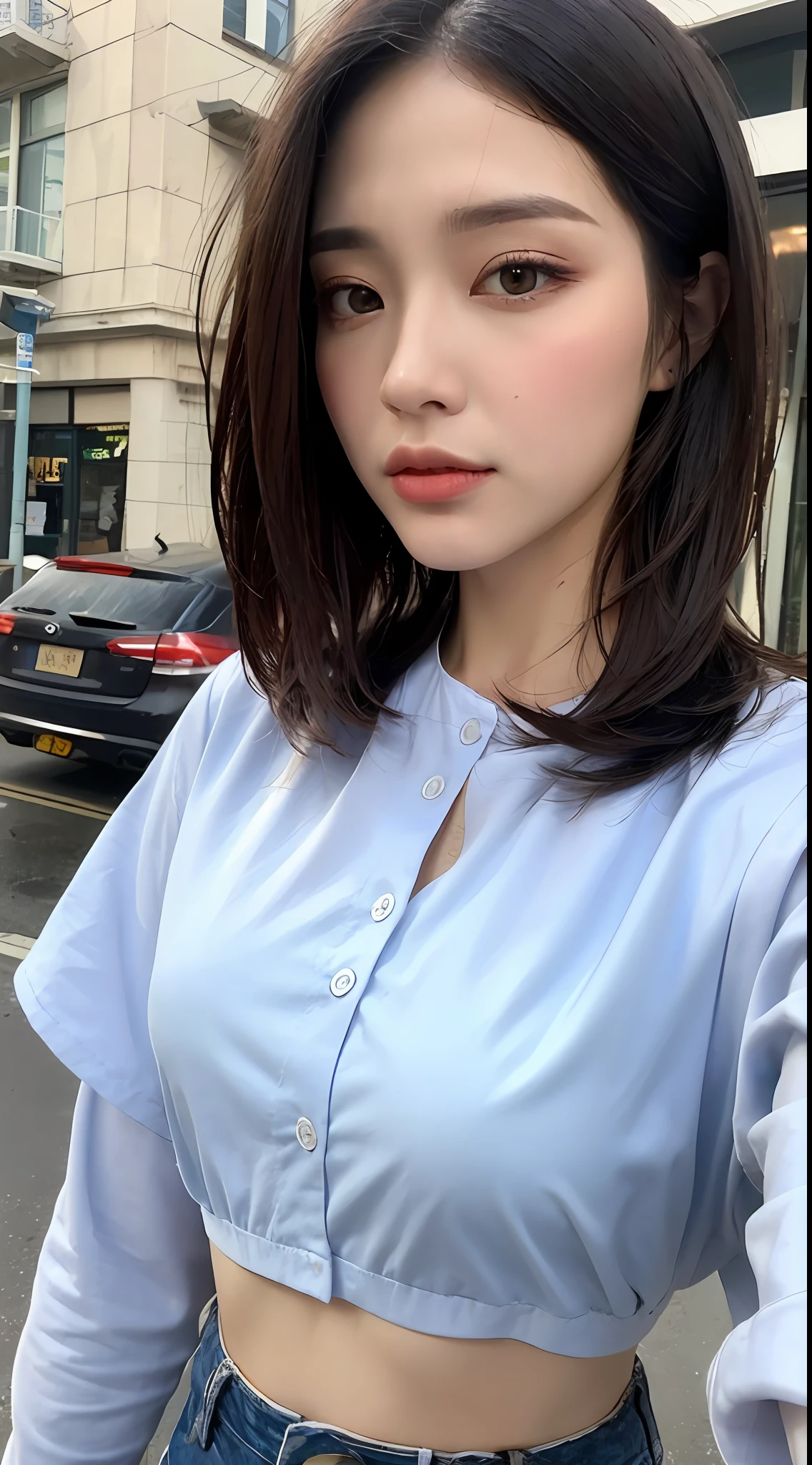 ((Top Quality, 8K, Masterpiece: 1.3)), Sharp: 1.2, Perfect Body Beauty: 1.4, Slim Abs: 1.2, ((Layered Hairstyle, Big: 1.2)), (Wet White Button Long Shirt: 1.1), (Rain, Street: 1.2), Wet: 1.5, Highly Detailed Face and Skin Texture, Detailed Eyes, Double Eyelids, Aspect Looking at the Camera, Everyday Landscape