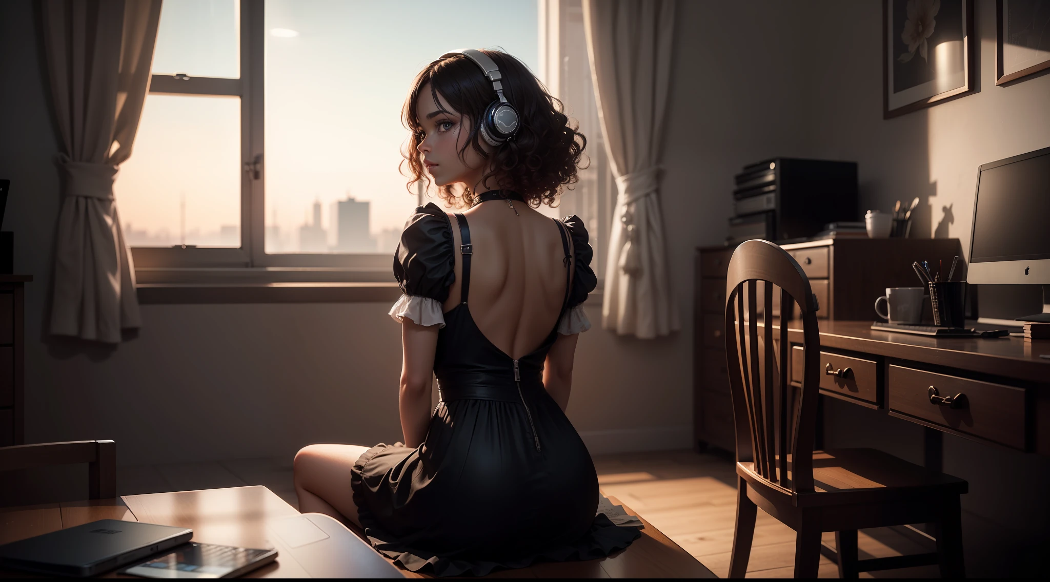 Portrait of a beautiful Brazilian girl, (black skin: 1.3), (((full body))), ((back to back)), ((curly hair)), in her bedroom, ((sitting on a chair at a table with a computer )), ((staring at the computer)), (headphones), ((facing a large window)), (looking at the window in front of her),(wearing a dress), realistic, high definition, texture ultra-hd skin and hair, (night), ultra-hd, digital, cinematic lighting, panoramic perspective, extremely detailed, intricate, 8k