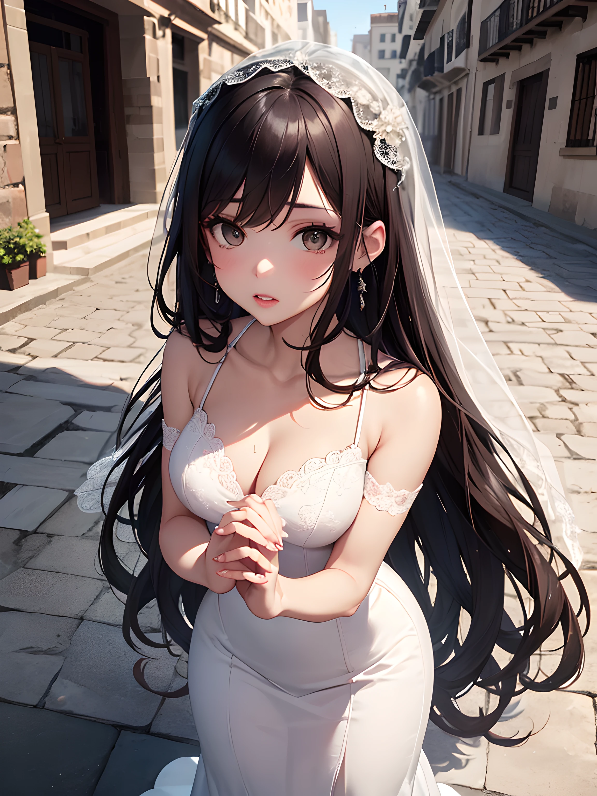 (masterpiece), (portrait), (aesthetic), (beautiful), (upper blody), (high quality), (aesthetic clothings), (professional angle), (rule of thirds), (Feminine), (woman), (female), (beautiful),(feminine features), (21 years), solo, 1 woman, (attractive Spanish), Summer, (Sunlit Courtyard), (Afternoon), (Golden light), ((Flamenco Bride)), (Holding a Fan Hands), ((Looking Sideways Face)), ((Passionate)), (Dramatic Make-up), (Ample Bust), (Mantilla Veil, Earrings), ((Long Hair)), (Dark Brown Hair), (Wavy Hair), (Loose Curls hair), (- in Hair), (Wide Open Eyes), (Brown Eyes), (Exquisite Look), Olive skin, (High Quality Clothing), (Lace Mermaid Dress), (White wedding dress), (Flared Skirt ), (Boat Neck Neckline), ((Spanish Courtyard background)), (Wide Shot Shot), beautiful hands, two hands, normal hands, two arms, complete hands, beautiful body, beautiful fingers, normal fingers, five fingers, five fingers, beautiful ears, normal ears, beautiful eyes, shiny eyes, beautiful mouth, beautiful lips,