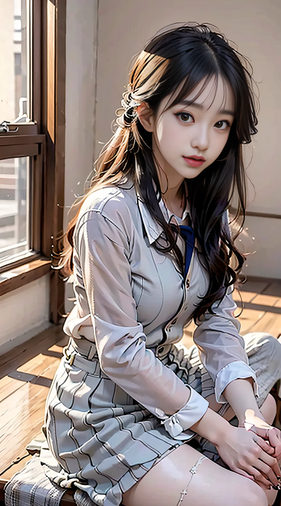 arafed asian woman in a school uniform sitting on a desk, a picture inspired by Ma Yuanyu, tumblr, realism, with long hair and piercing eyes, ulzzang, wan adorable korean face, young adorable korean face, beautiful anime high school girl, a hyperrealistic schoolgirl, jaeyeon nam, hyperrealistic schoolgirl, with cute doting eyes