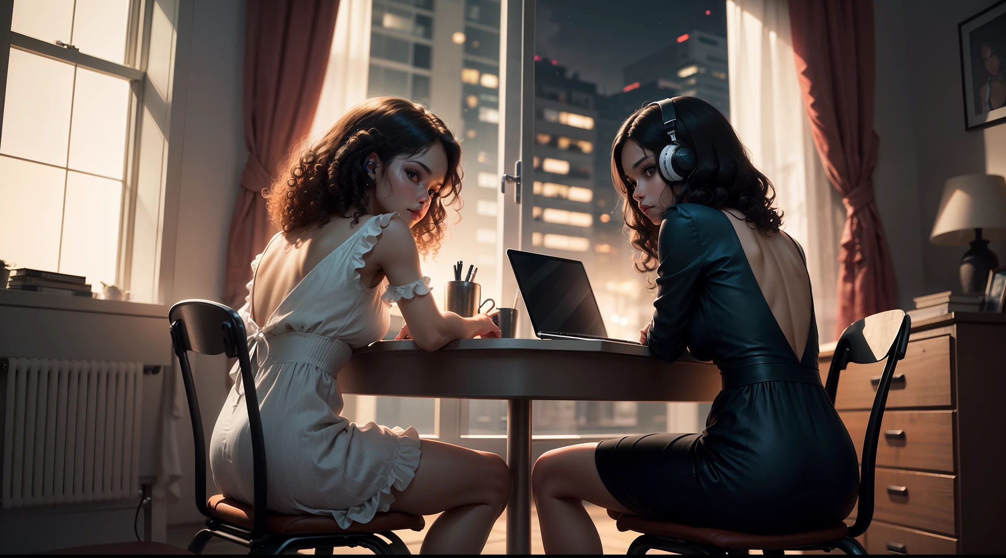 Portrait of a beautiful Brazilian girl, (black skin: 1.3), (((full body))), ((back to back)), ((curly hair)), in her bedroom, ((sitting on a chair at a table with a computer )), ((staring at the computer)), (headphones), ((facing a large window)), (looking at the window in front of her),(wearing a dress), realistic, high definition, texture ultra-hd skin and hair, (night), ultra-hd, digital, cinematic lighting, panoramic perspective, extremely detailed, intricate, 8k