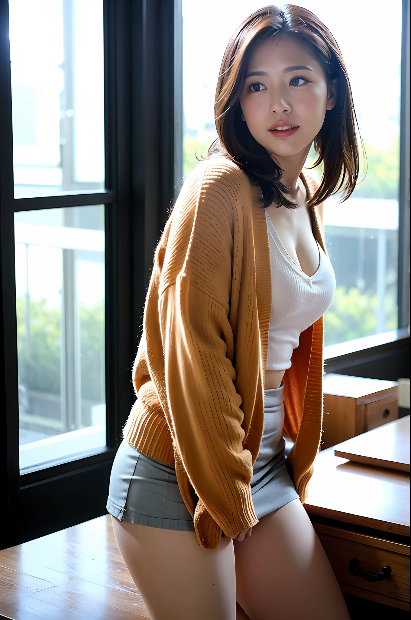 Best quality, Masterpiece, High resolution, 1girl, Beautiful and perfect face, Bob layer, Camisole with wide open chest, wearing a cardigan, mini skirt, intricate details, cinematic feel, 8K, Very detailed, Big, Angle from the side, Butt sticking out, Chest out, Full body shot, 1 person, office, desk, big bright office with sunlight window, panchira, 30 years old, Sensual, thick body, beautiful thighs,
