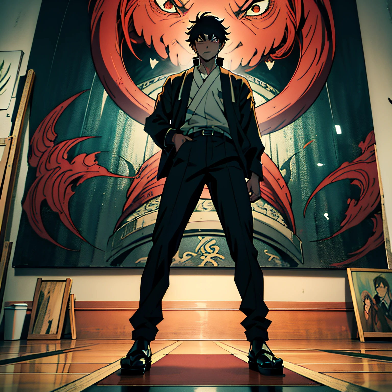 Handsome guy in demon killer art, Guvez style artwork, handsome Japanese demon boy handsome cold boy standing in front of big painting, anime style 4K wallpaper, inspired by Masanobu Okumura and Shigeri Sojima