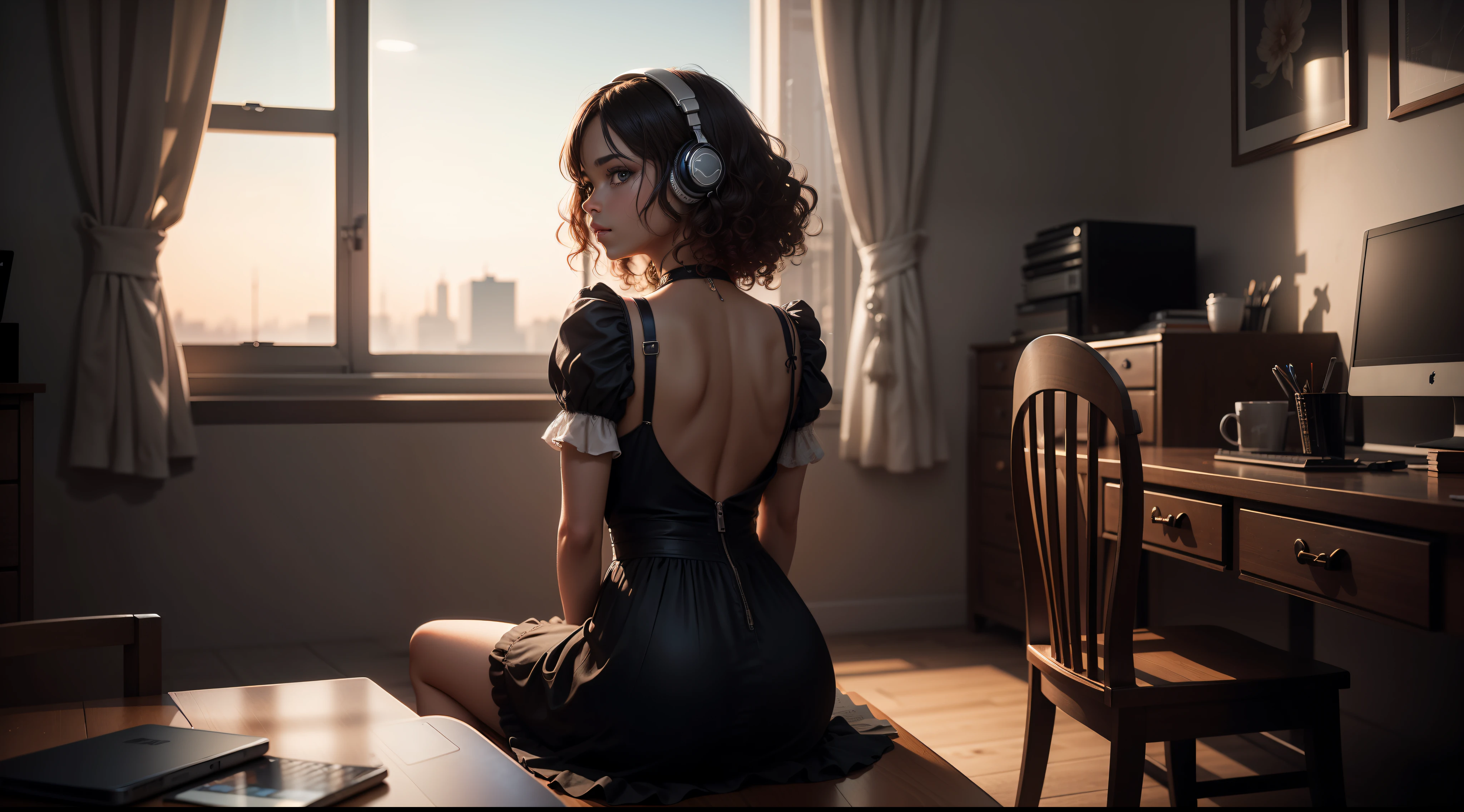 Portrait of a beautiful Brazilian girl, (black skin: 1.3), (((full body))), ((back to back)), ((curly hair)), in her bedroom, ((sitting on a chair at a table with a computer )), ((staring at the computer)), (headphones), ((facing a large window)), (looking at the window in front of her),(wearing a dress), realistic, high definition, texture ultra-hd skin and hair, (night), ultra-hd, digital, cinematic lighting, panoramic perspective, extremely detailed, intricate, 8k