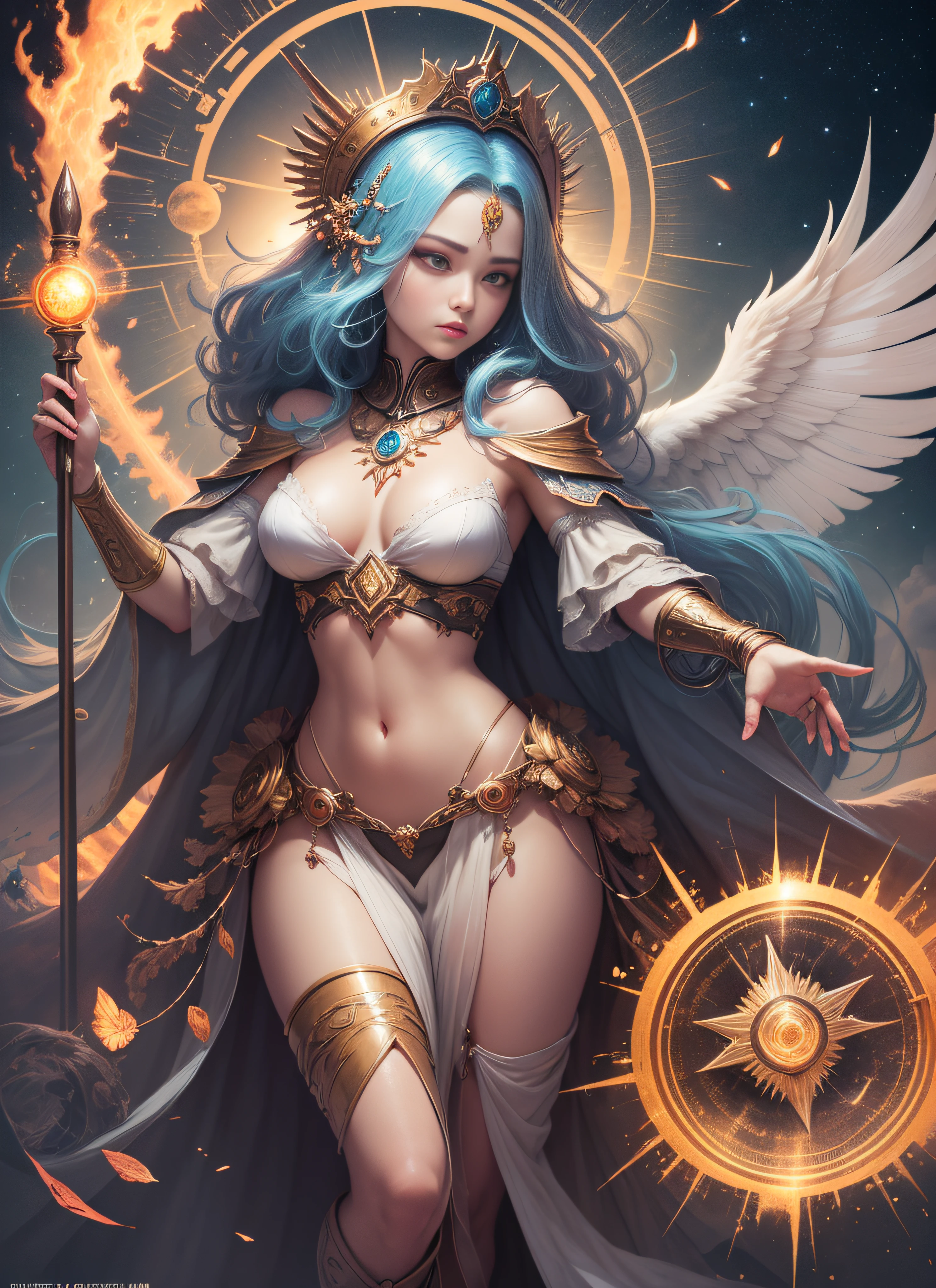 1girl, beautiful empress of the sun, detailed eyes, detailed face, detailed skin, mature body, tall body, seductive body, medium large chest, medium thigh, desert BREAK and pyramid bottoms, holding only a holy sun scepter, phoenix dragon in the sky, highly saturating sun rays, holy ceremony, angelic halo, dazzling golden and orange spark around, sacred magic circle, golden crown, golden majestic lightning, best quality, masterpiece, trend in art station, BREAK, detailed, realistic, highly detailed digital art 8k, octane rendering, bioluminescent, concept art resolution BREAK 8K, realism, by studios Mappa, masterpiece, best quality, official art, illustration, ligne claire, (cool_color), perfect composition, absurdists, fantasy, focused, full body in attack pose, night sky with clouds, full moon, 8k,