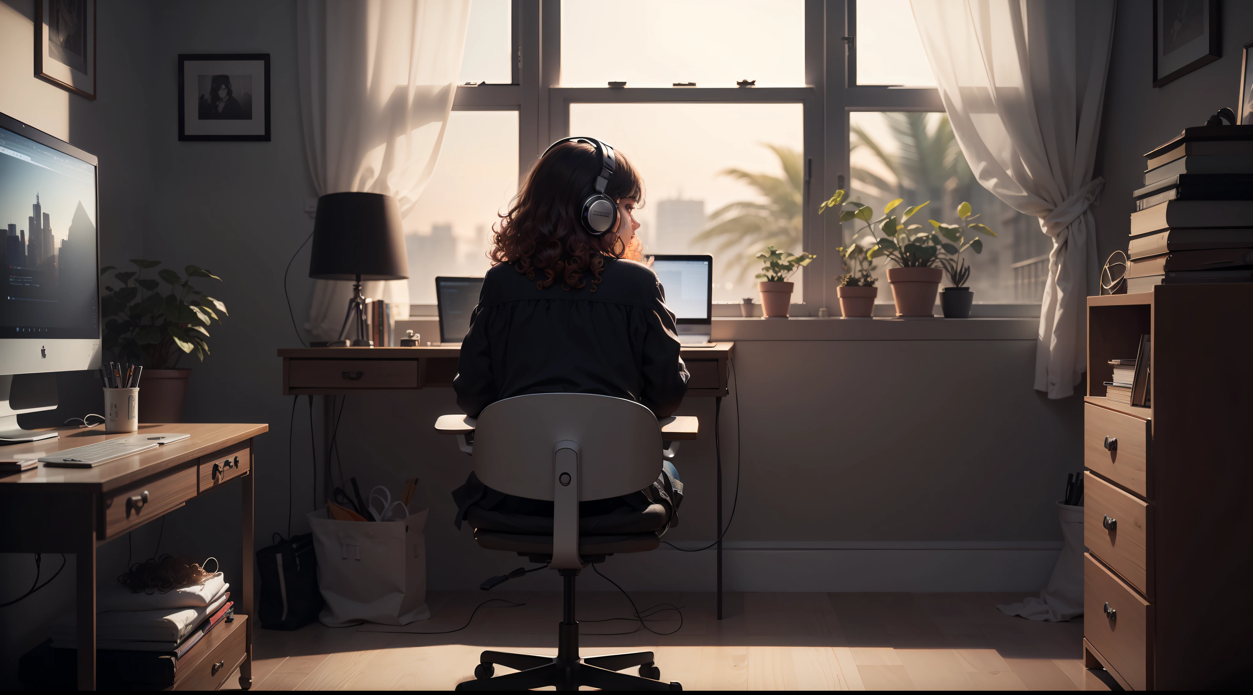 Portrait of a beautiful Brazilian girl, (black skin: 1.3), (((full body))), ((back to back)), ((curly hair)), in her bedroom, ((sitting on a chair at a table with a computer )), ((staring at the computer)), (headphones), ((facing a large window)), (looking at the window in front of her),(wearing a dress), realistic, high definition, texture ultra-hd skin and hair, (night), ultra-hd, digital, cinematic lighting, panoramic perspective, extremely detailed, intricate, 8k