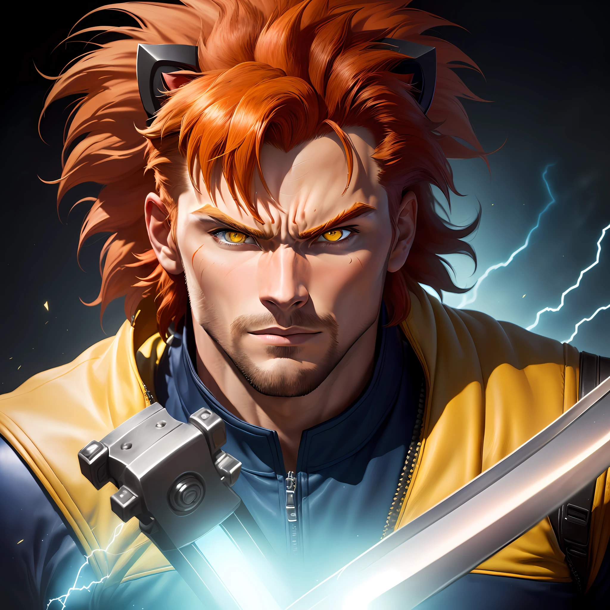 Approximate 1:2 portrait of 1 man with Leo features on his face (Lion-o, thunderCats), (vigilante sword with thundera eye, hyper detailed), (yellow eyes, red hair), created by tobin wolf, extremely faithful outfit to thundercats animation, dynamic pose, (thundercats). 80's animated series, hyper-realistic, 16k.