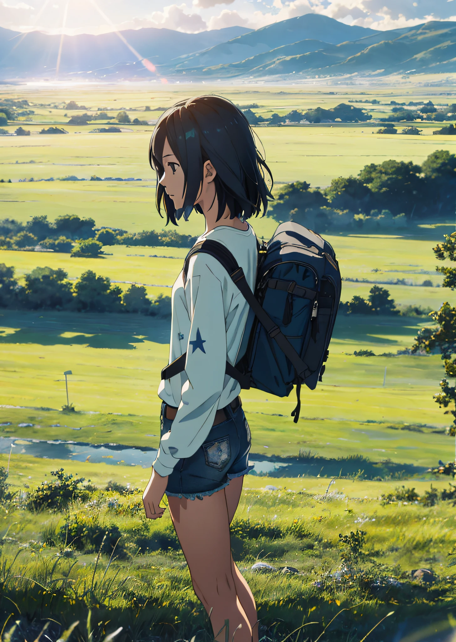 The vast sky, beautiful skyline, large grasslands, extremely tense and dramatic pictures, moving visual effects, the high-hanging Polaris, and colorful natural light. Long-sleeved top, denim shorts, and a girl with a backpack.