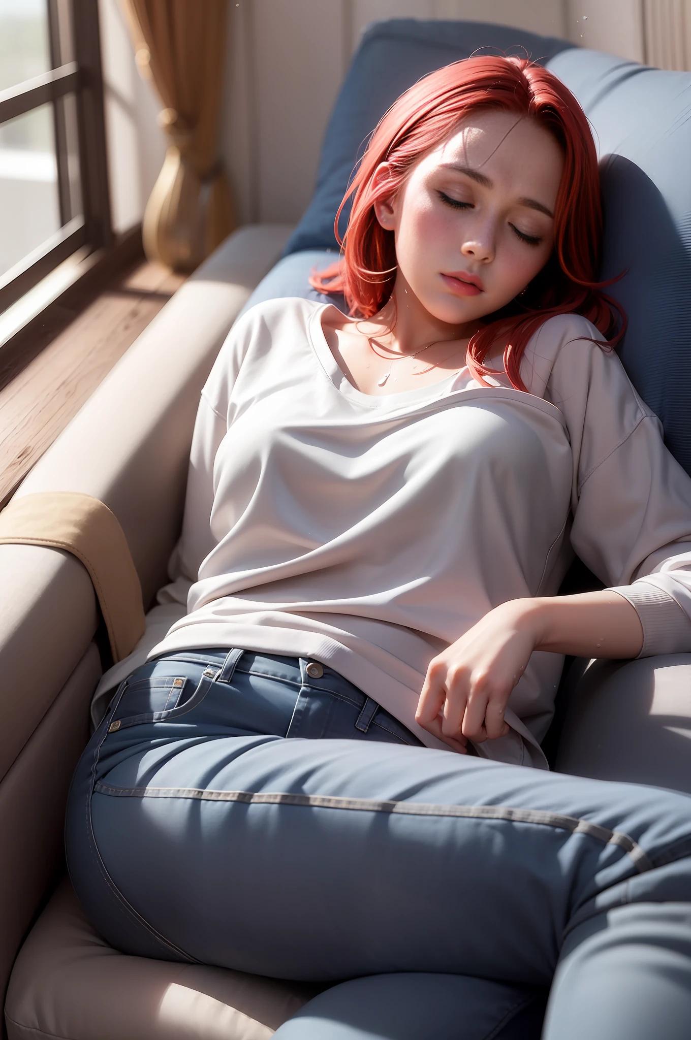 Masterpiece, best_quality, 1 girl, solo, sleeping, lying on sofa, wearing white sweatshirt, long jeans, socks. red hair, perfect face, 4k, HDR, Full HD, HDR, proper lighting, evening, sweat-soaked clothes, soaked clothes, revealing sky blue bra, sweating profusely