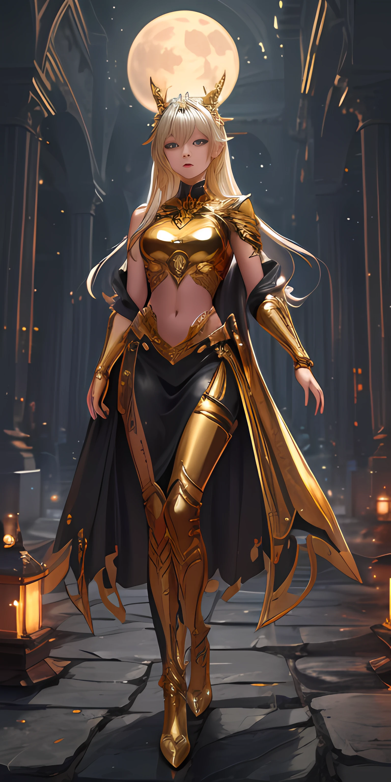 1 black girl in full dress coat of mail, with perfect body: 1.4, Slim abdomen: 1.3 , Moonlight highlights your muscles and scars. The scenery is lush and mysterious, with futuristic tech and surroundings. The camera details everything, a warrior woman, (gold smooth texture skin:1.5), gold coat of mail texture full body, This official art Unreal 8k wallpaper is a super detailed, beautiful and aesthetic masterpiece, the best quality, beautiful face, lotus