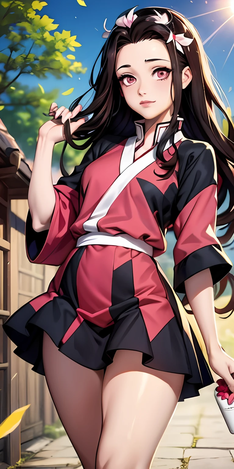 Nezuko of Kimetsu no Yaiba, best quality, masterpiece, girl, dark hair, dark eyes, house, sun shining, bright skin, flash of the sun