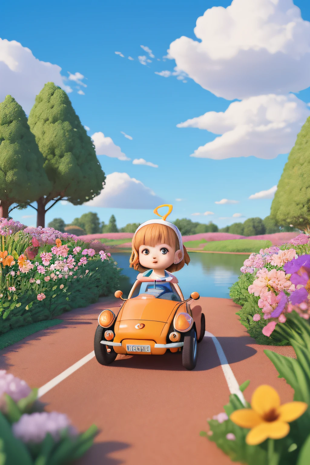 Poster, background blue sky white cloud Pixar style, 3D, a cute riding an orange cute metallic electric car walking on the ground, surrounded by some woods, flowers and a stream, cartoon cute, a lot of details, front and rear space sense is obvious, the picture should have impact