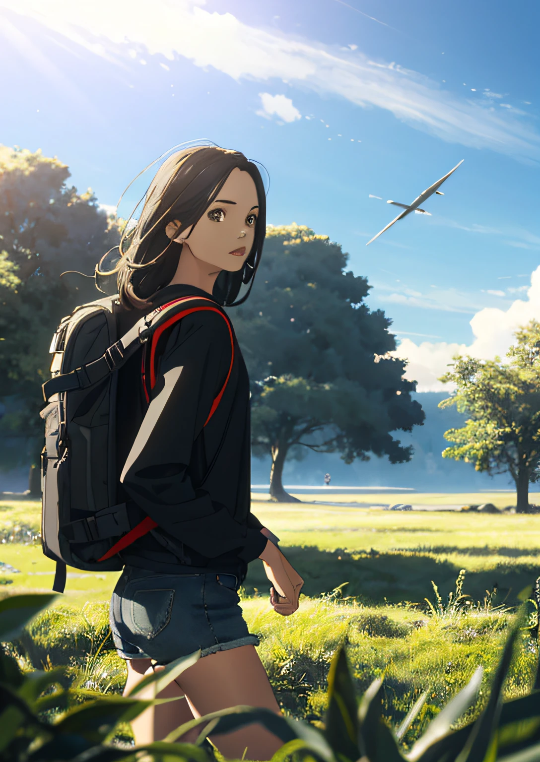 (Vast sky, beautiful skyline, large grassland: 1.2+ intense and dramatic graphics, moving visuals: 1.3+ hanging North Star, colorful natural light: 1.3), (long-sleeved top, (1girl), denim shorts, backpack: 0.8), (back, dynamic), (detailed character modeling: 1.2, natural skin tone, delicate texture), (beautiful girl, dynamic posture, confident posture: 0.2+ long hair flowing (black hair: 0.9+ blonde hair: 1.2), with femininity and temperament: 1.3+ beautiful face, witty and cute expressions and eyes), (large grassland in the background) + (rendering of natural light, light and shadow: 1.3), (shooting angle, long lens, light illumination