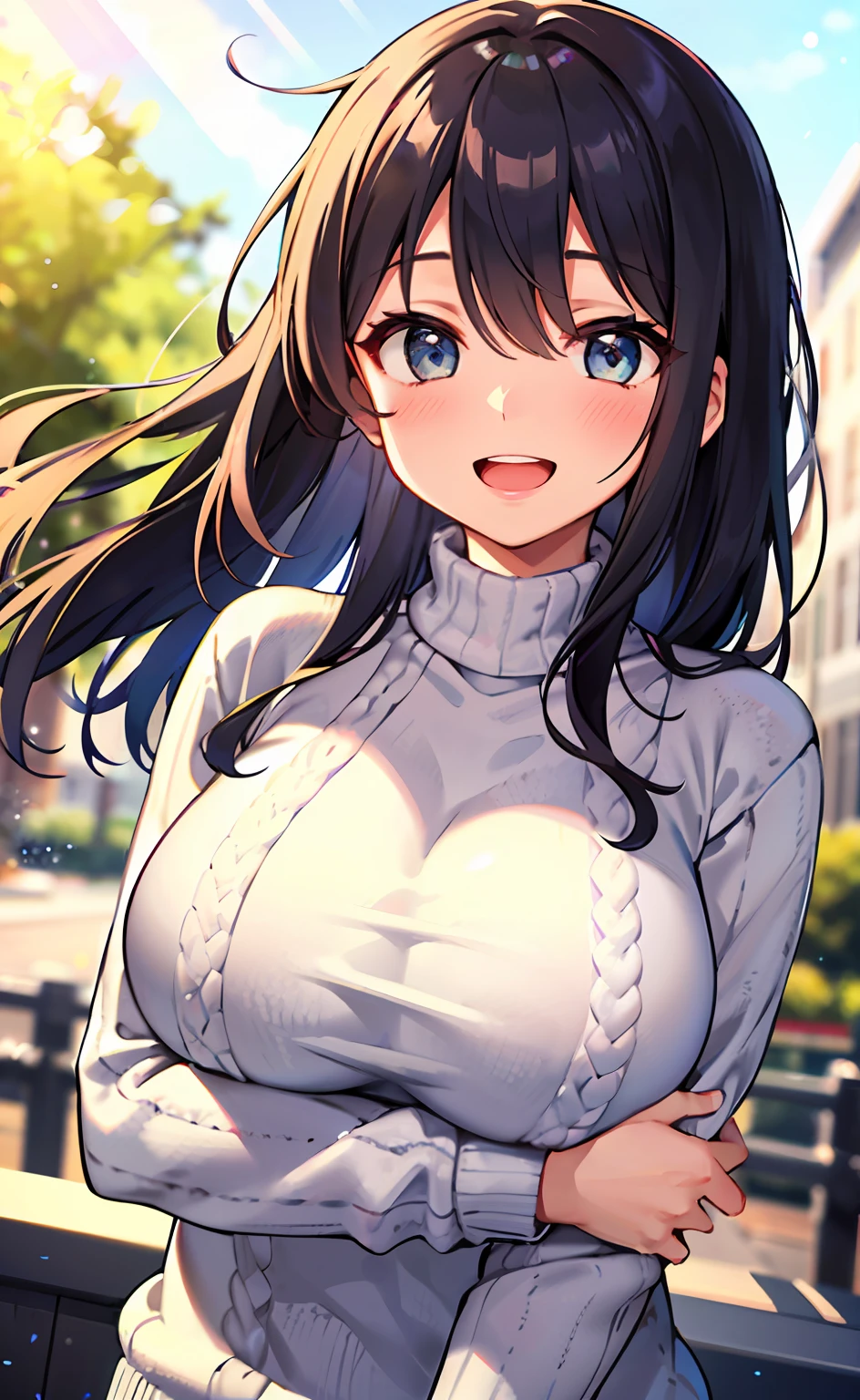a girl, cosy sweater on, upper body, (huge Laughing:1.1), (open mouth:1.1), (wide open eyes:1.2), sun glare, bokeh, depth of field, blurry background, light particles, strong wind, (heart particles:1.1)