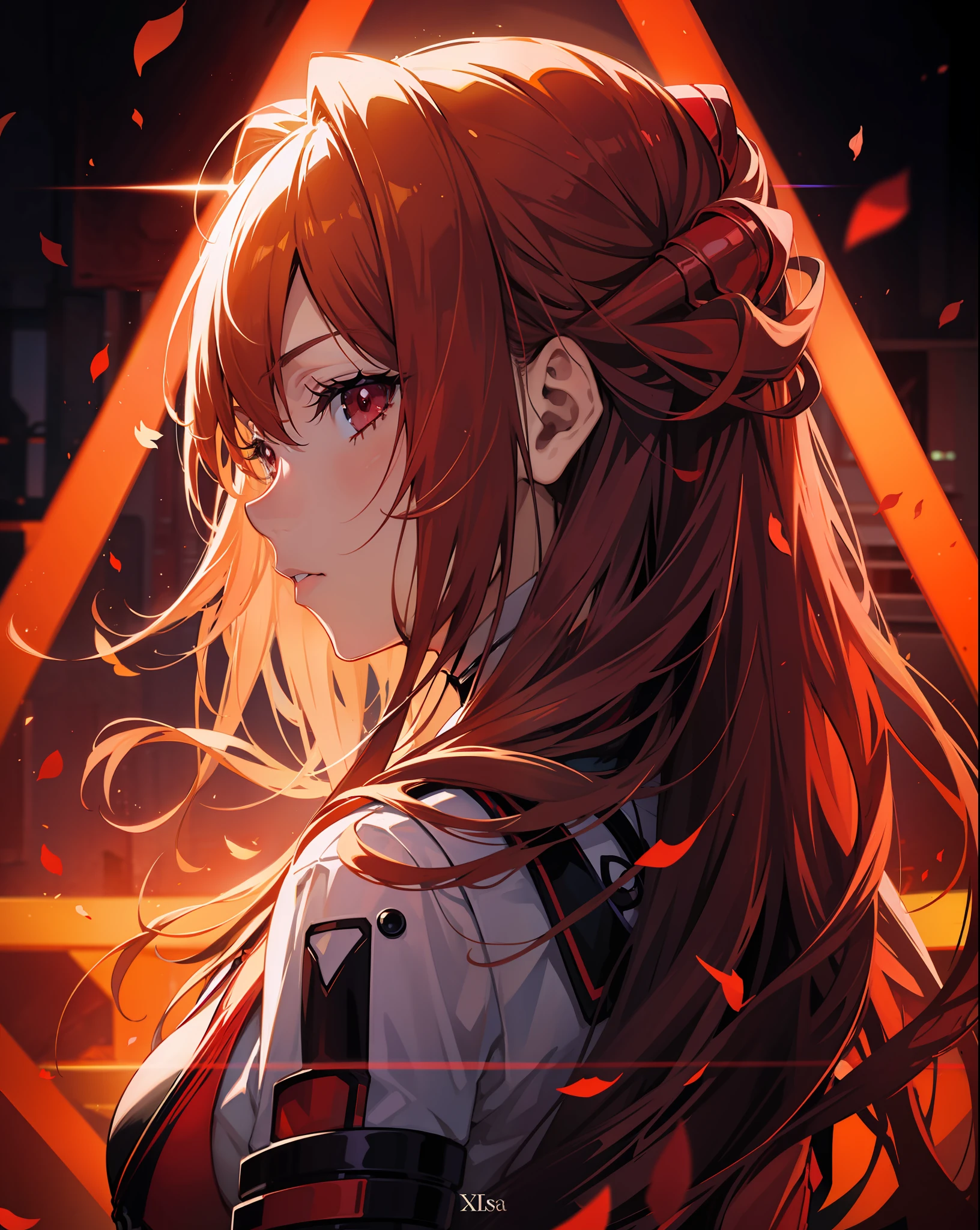 front of a dark background, asuka langley sohryu, asuka langley, asuka langley soryu, asuka langley souryuu, portrait of asuka langley soryu, epic light novel cover art, badass anime 8 k, epic light novel art cover, portrait of a female anime hero, detailed digital anime art