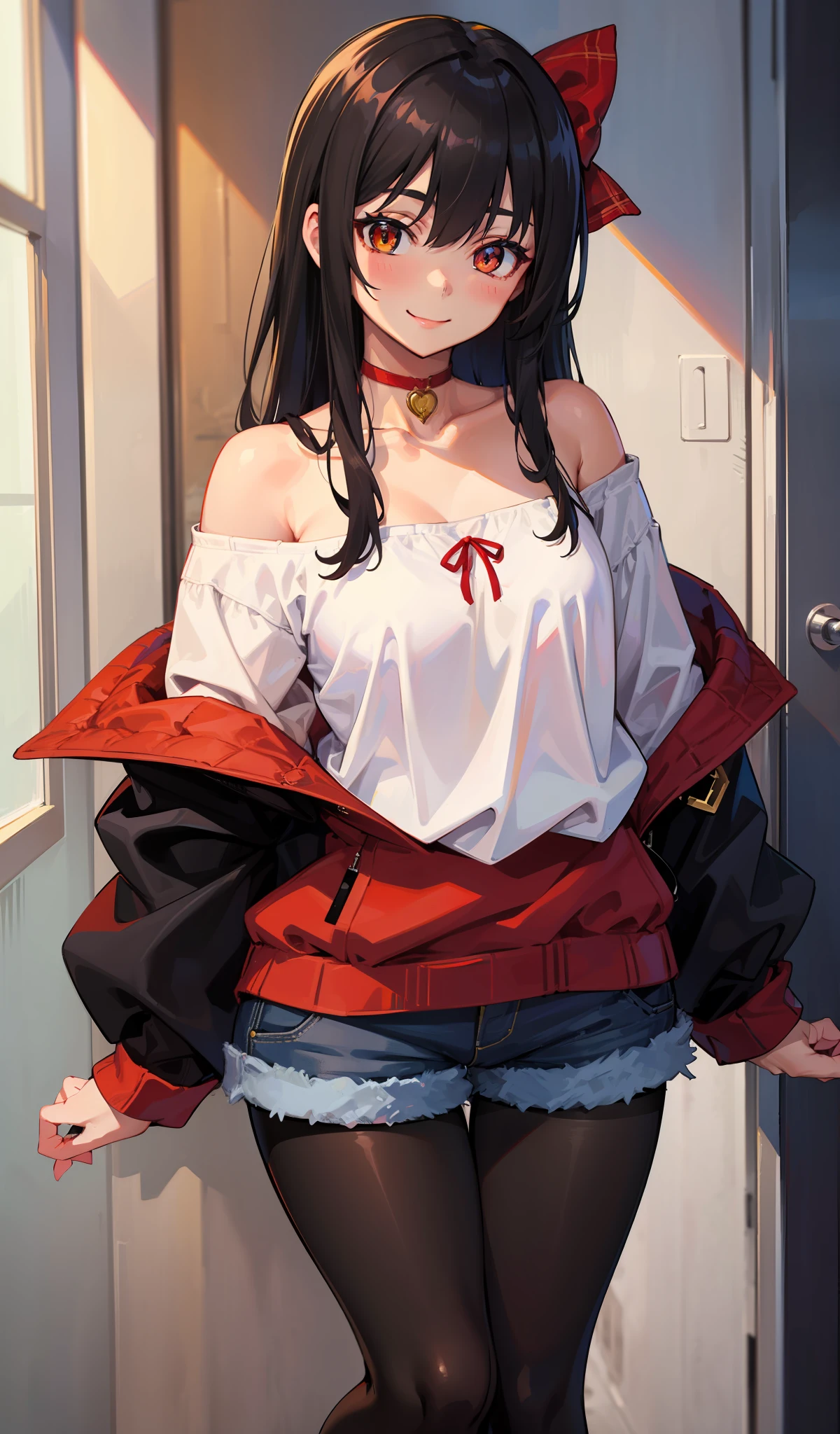 masterpiece, best quality, highres, hs1, red eyes, yellow eyes, hair bow, pantyhose, long sleeves, short shorts, off shoulder, collarbone, plaid, black pantyhose, red sweater, black choker, cowboy shot, smile, standing,