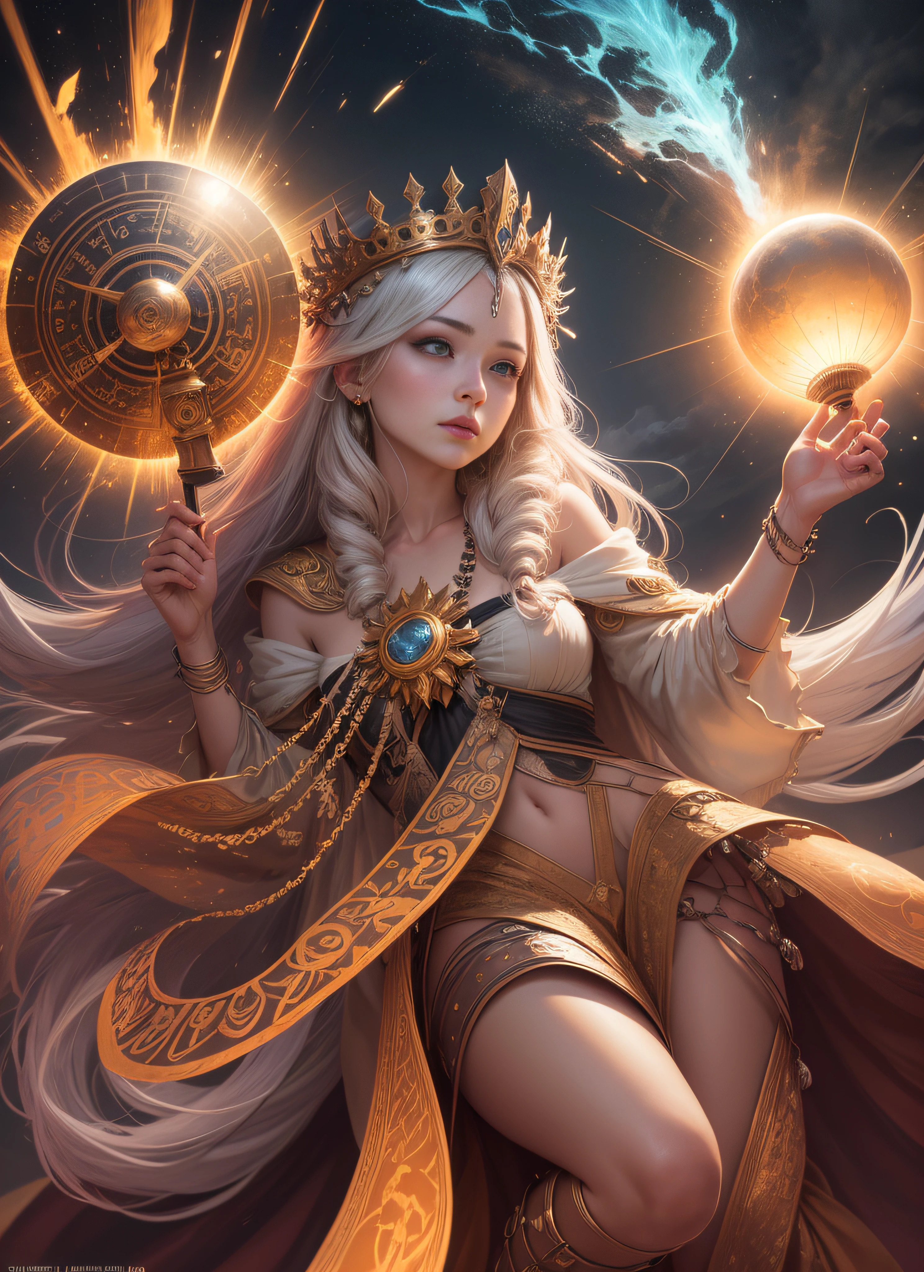 1girl, beautiful empress of the sun, detailed eyes, detailed face, detailed skin, mature body, tall body, seductive body, medium large chest, medium thigh, desert BREAK and pyramid bottoms, holding only a holy sun scepter, phoenix dragon in the sky, highly saturating sun rays, holy ceremony, angelic halo, dazzling golden and orange spark around, sacred magic circle,  golden crown, golden majestic lightning, best quality, masterpiece, trend in art station, BREAK, detailed, realistic, highly detailed digital art 8k, octane rendering, bioluminescent, concept art resolution BREAK 8K, realism, by studios Mappa, masterpiece, best quality, official art, illustration, ligne claire, (cool_color), perfect composition, absurdists, fantasy, focused, full body in attack pose, night sky with clouds,  full moon, 8k,