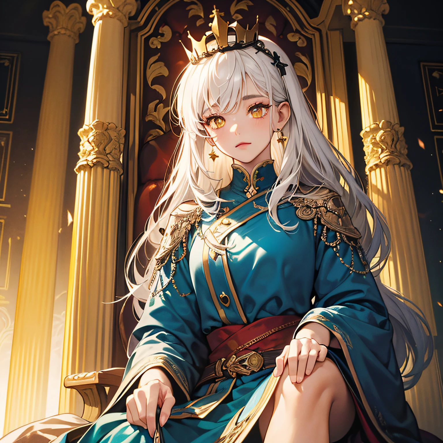 (Masterpiece:1.2), best quality, (illustration:1.2), (ultra-detailed), hyper details, (delicate detailed), (intricate details), (cinematic light, best quality Backlights), clear line, from below, soloist, perfect body, (1girl), white hair and yellow eyes, (emperor, black see-through clothes), (crown: 1.1), sitting on the throne, eyes slightly closed, head down, (shy: 1.2 ), (makeup), high contrast, (best illumination, an extremely create and beautiful), (cinematic light), colorful, --auto