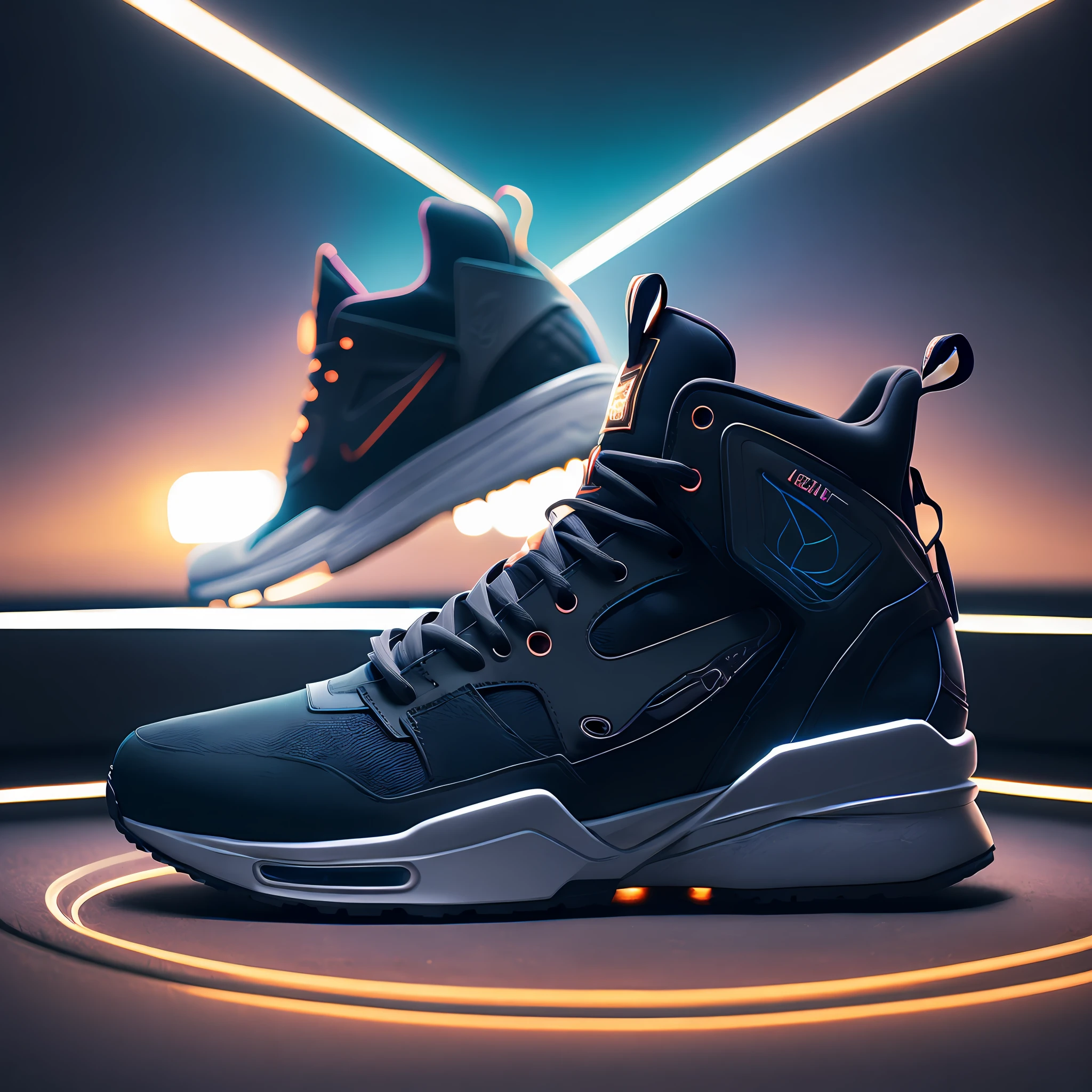 product photography of a cybepunk sneakers, epic render, octane, atmosphere, particles, soft volumetric lights, (backlit:1.3), (cinematic:1.3), intricate details, (ArtStation:1.3)
