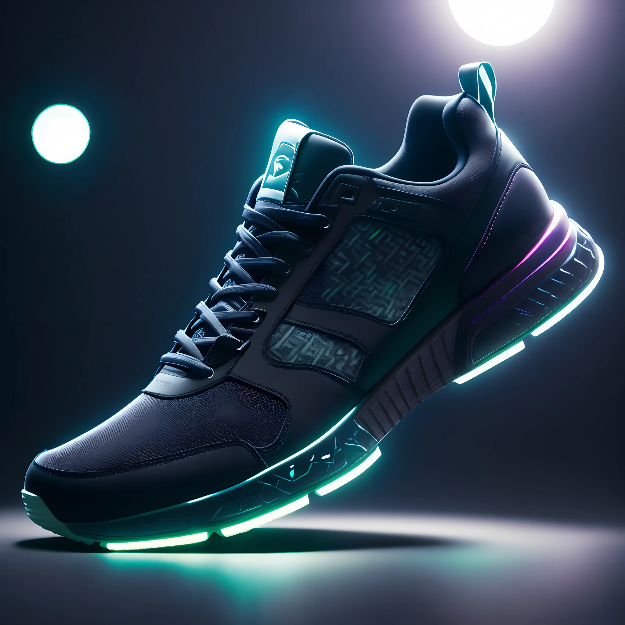 product photography of a cybepunk sneakers, epic render, octane, atmosphere, particles, soft volumetric lights, (backlit:1.3), (cinematic:1.3), intricate details, (ArtStation:1.3)