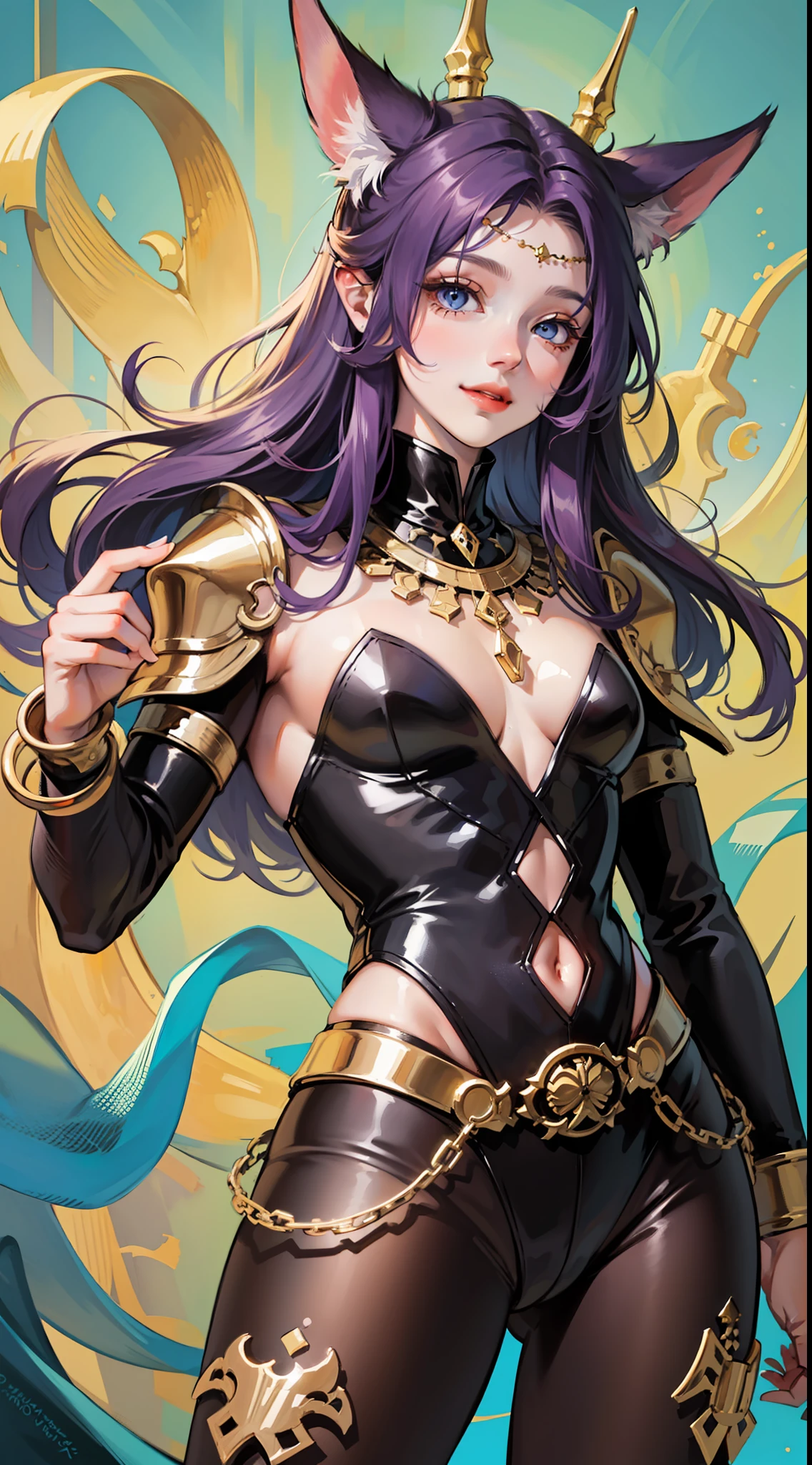 Young boy, long purple hair, jackal ears, blue eyes, black skin, pharaoh's clothes, smile, open torso, masterpiece, high quality