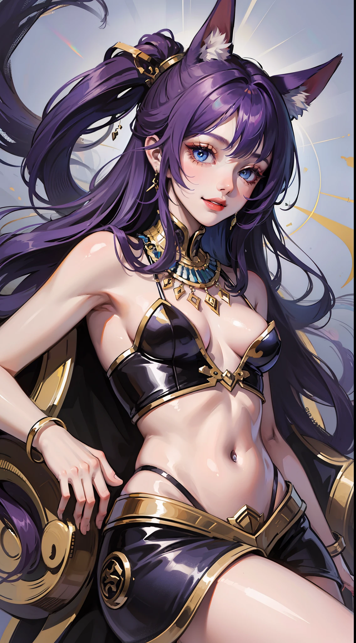 Young boy, long purple hair, jackal ears, blue eyes, black skin, pharaoh's clothes, smile, open torso, masterpiece, high quality
