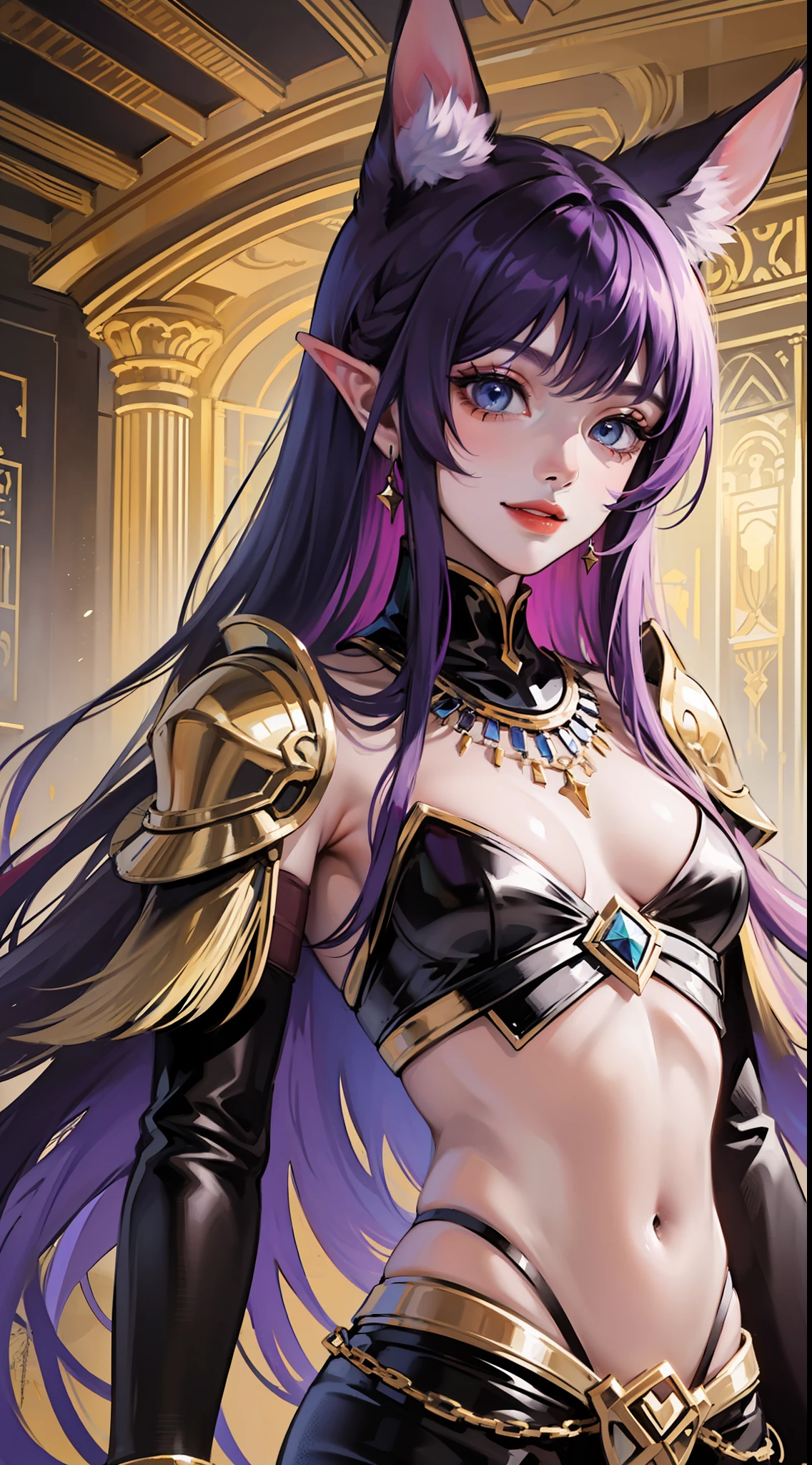 Young boy, long purple hair, jackal ears, blue eyes, black skin, pharaoh's clothes, smile, open torso, masterpiece, high quality