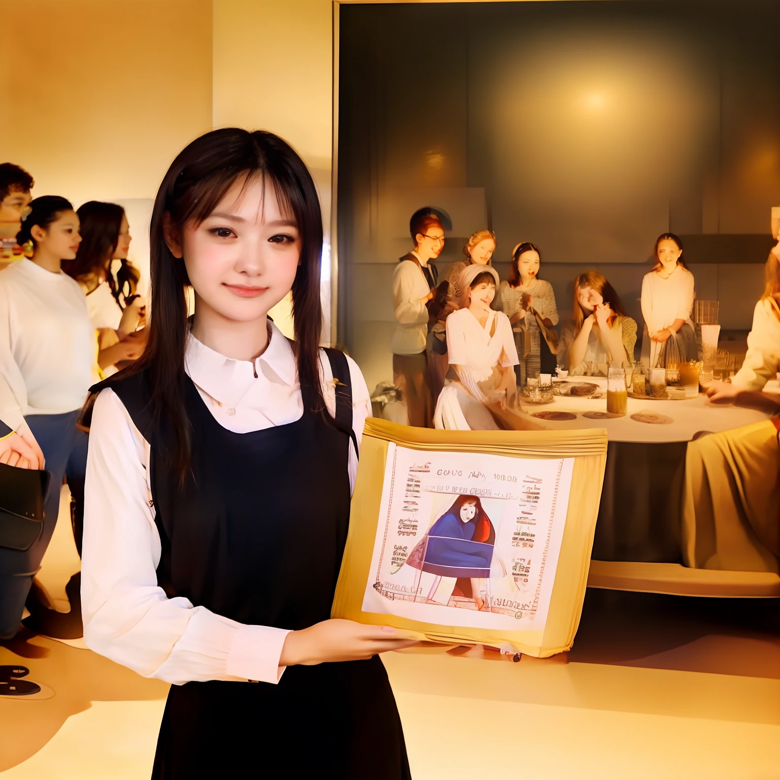 A High resolution Photo, In Tokyo, a socially awkward and loney a high-teen, lonely individual Japanese Girl, while smiling, presents a Painting individual Japanese Girl, while smiling, presents a Painting of the Last supper with digitalize Math graph interface add-on in The Picture, Behind the girl, there is the art gallery where a celebrity with Camera and Tv-cluies, and a group of similarly happy individuals photographing the celebrity.