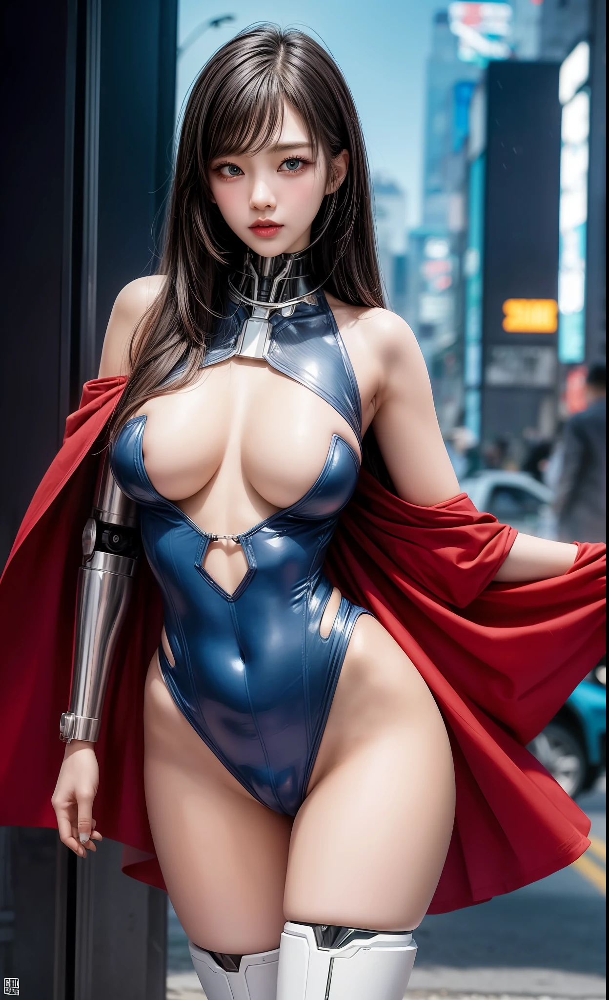 delicate face, 20 years old kpop idol {cyborg} blue-eyed girl, (carbon fiber cyborg body), carbon fiber body, with superman letter S in the background {{angled bob}}, (large :1.15), (mechanical joint), bangs, attractive curves, medium pelvis, seaside, standing posture, beach, shiny skin, ((puffyars)), (high leg, open legs,  camel finger, cameltoe, vulvashaped:1.25), (cyberpunk, sci-fi:1.2), [[[bright neon]]], (upper body:1.15), (8k, RAW photo, best quality, Masterpiece: 1.45), (NSFW:1.15) fluttering red cape.