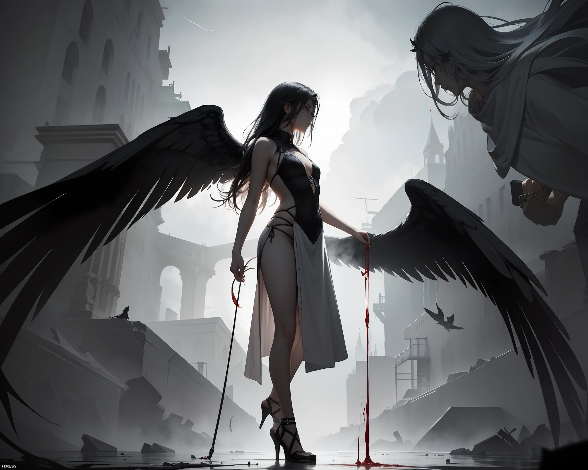 A full-body portrait of a girl wearing a white cloak, surrounded by an atmosphere of solitude, darkness, and oppression. The girl's expression is somber as she stands amidst the gloom, her face partially obscured in shadow. Her white cloak is stained with blood and dirt, reflecting the struggles she has faced. Her hair is disheveled and messy, adding to the overall disarray and turmoil. The composition showcases her profile, revealing a glimpse of her determination and resilience. Behind her, a pair of tattered wings symbolize her desire to break free from her constraints, despite the broken sword she holds, a testament to past battles fought. The overall scene captures a sense of melancholy, depicting the girl's internal struggles and the weight she carries. Executed in a bold and expressive style, with dynamic brushstrokes and a subdued color palette that emphasizes the darkness and heaviness of the atmosphere.