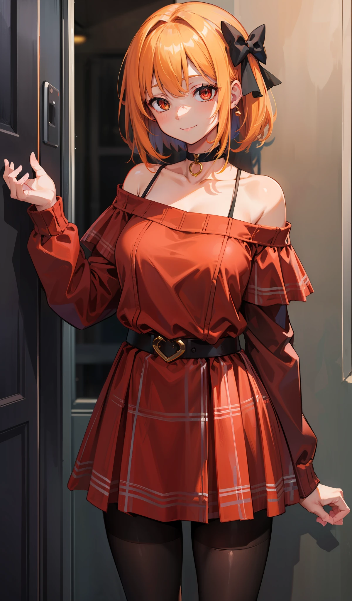 masterpiece, best quality, highres, hs1, red eyes, yellow eyes, hair bow, pantyhose, long sleeves, short shorts, off shoulder, collarbone, plaid, black pantyhose, red sweater, black choker, cowboy shot, smile, standing,
