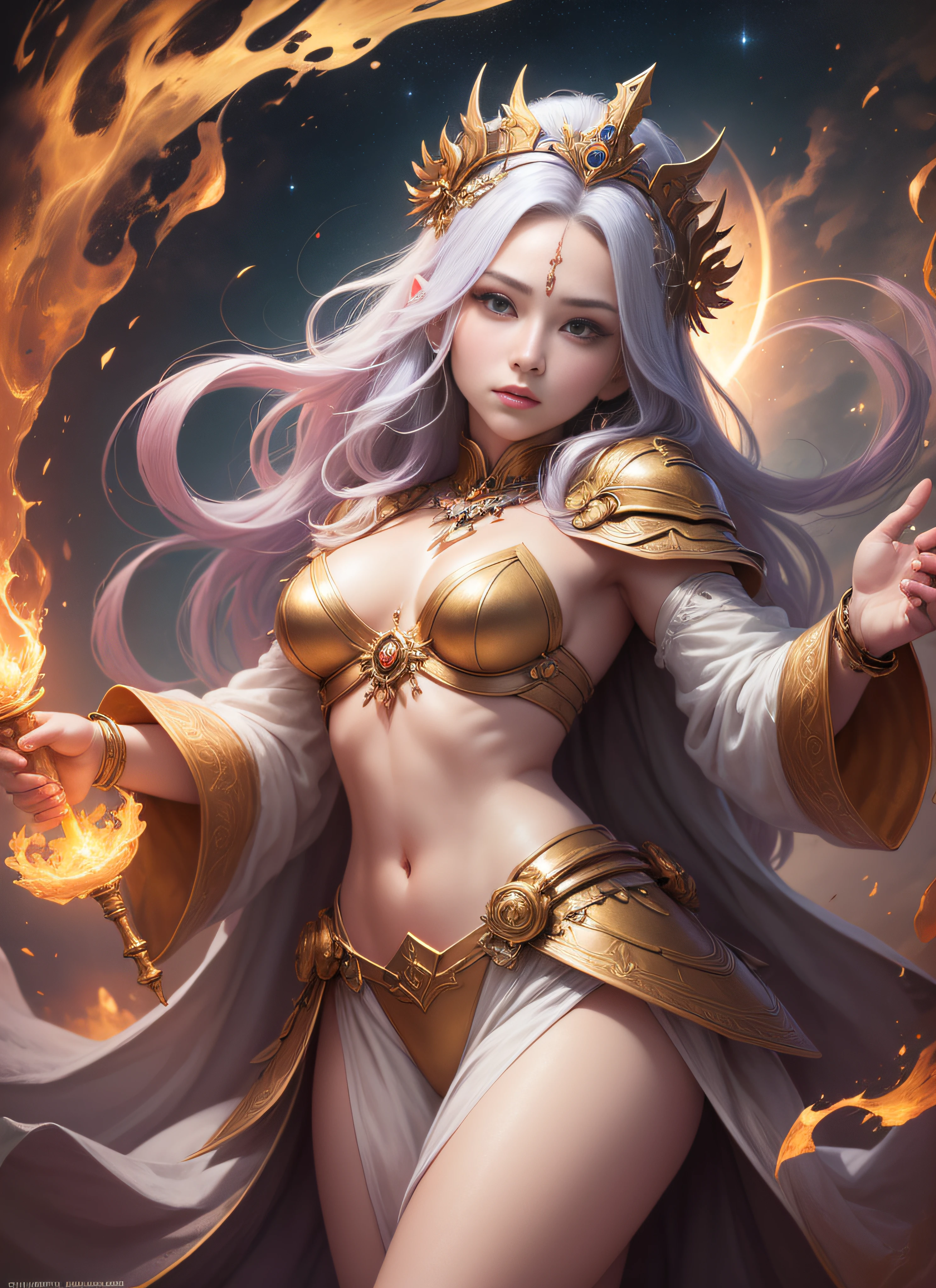 1girl, beautiful empress of the sun, detailed eyes, detailed face, detailed skin, mature body, tall body, seductive body, medium large chest, medium thigh, desert BREAK and pyramid bottoms, holding only a holy sun scepter, phoenix dragon in the sky, highly saturating sun rays, holy ceremony, angelic halo, dazzling golden and orange spark around, sacred magic circle,  golden crown, golden majestic lightning, best quality, masterpiece, trend in art station, BREAK, detailed, realistic, highly detailed digital art 8k, octane rendering, bioluminescent, concept art resolution BREAK 8K, realism, by studios Mappa, masterpiece, best quality, official art, illustration, ligne claire, (cool_color), perfect composition, absurdists, fantasy, focused, full body in attack pose, night sky with clouds,  full moon, 8k,