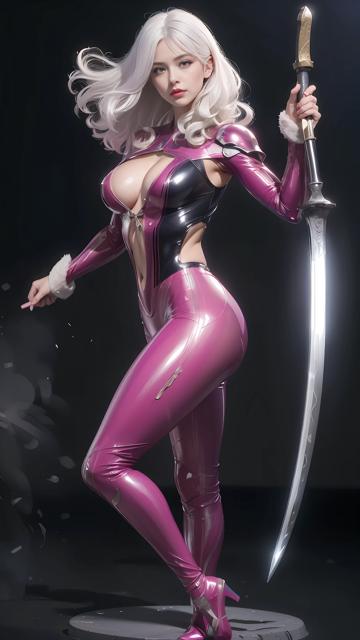 A woman holding a sword in a pink latex costume, clear eyes, symmetrical eyes, dark eye shadow, smooth pink armor, katana zero video game character, pink iconic character, streamlined pink armor, pink body, 3 D rendered character art 8 K, portrait of Ninja Dragon Kenden girl, extremely detailed Artgerm, anime character; Full body art, sharp silver armor fuchsia skin, Rostelland 8 K, pink skin