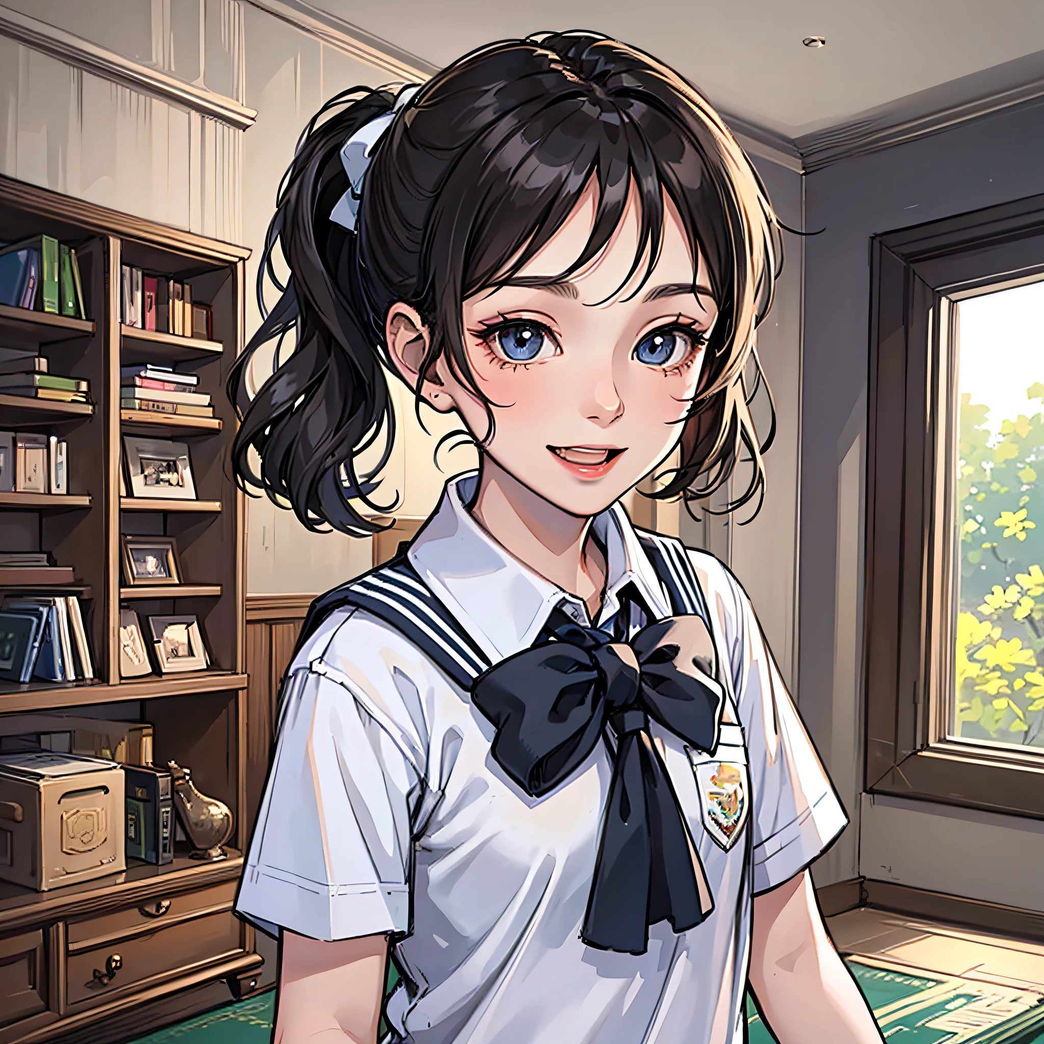 A little girl with a black ponytail, wearing a white school uniform, standing in the living room, happy expression, close-up