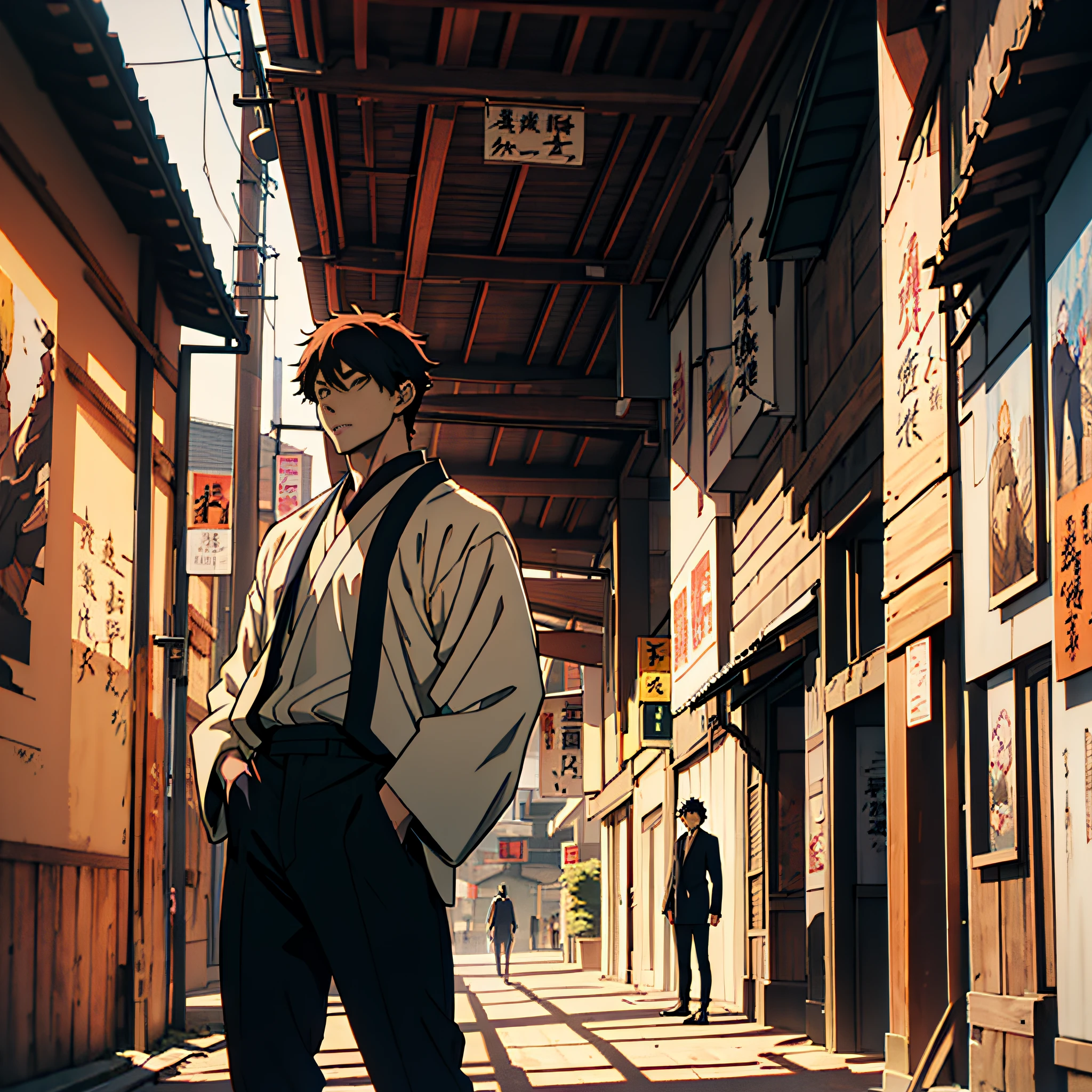 Handsome guy in demon killer art, Guvez style artwork, handsome Japanese demon boy handsome cold boy standing in front of big painting, anime style 4K wallpaper, inspired by Masanobu Okumura and Shigeri Sojima