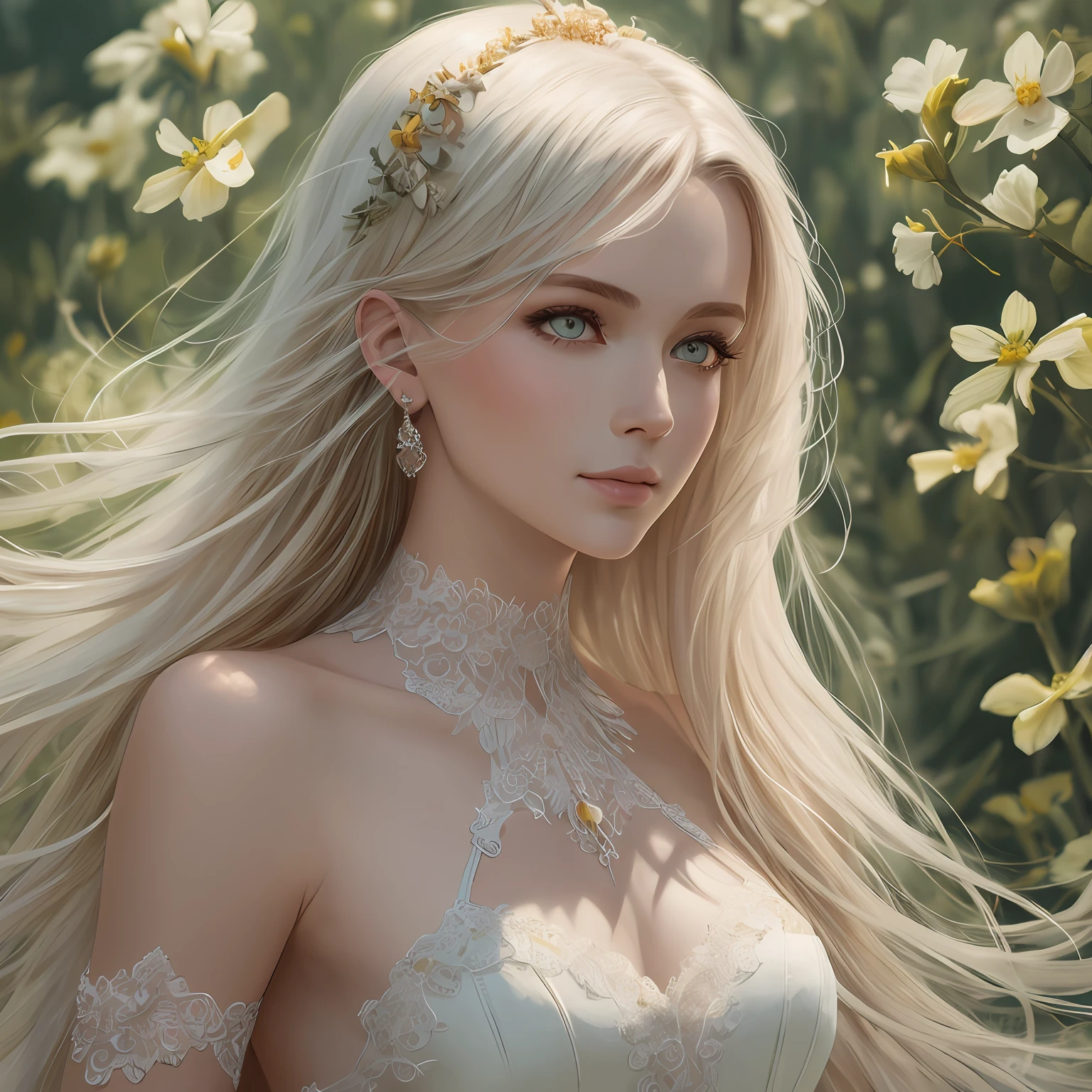 (Ultra Real), (Illustration), (High Resolution), (8K),Petite Body, (Very Detailed), (Best Illustration), (Beautiful Detailed Eyes), (Best Quality), (Super Detail), (Masterpiece), (Desktop Wallpaper), Beautiful Face, (Detailed Face), (Detailed Face), Clear Facial Features, Milky White, Fair Skin, High Detail Skin, Realistic Skin Details, Visible Pores, (Dynamic Pose), Holding a White Horse, 1 Girl, John Collier and Albert S. Obright as well as the art of Krenz Kusart and Artem Demura, bright colors, shallow smile, camelto, half-body, perfect scale , open shoulder dress: 1.5, meadow of the estate, side light, ray luminescence, optical